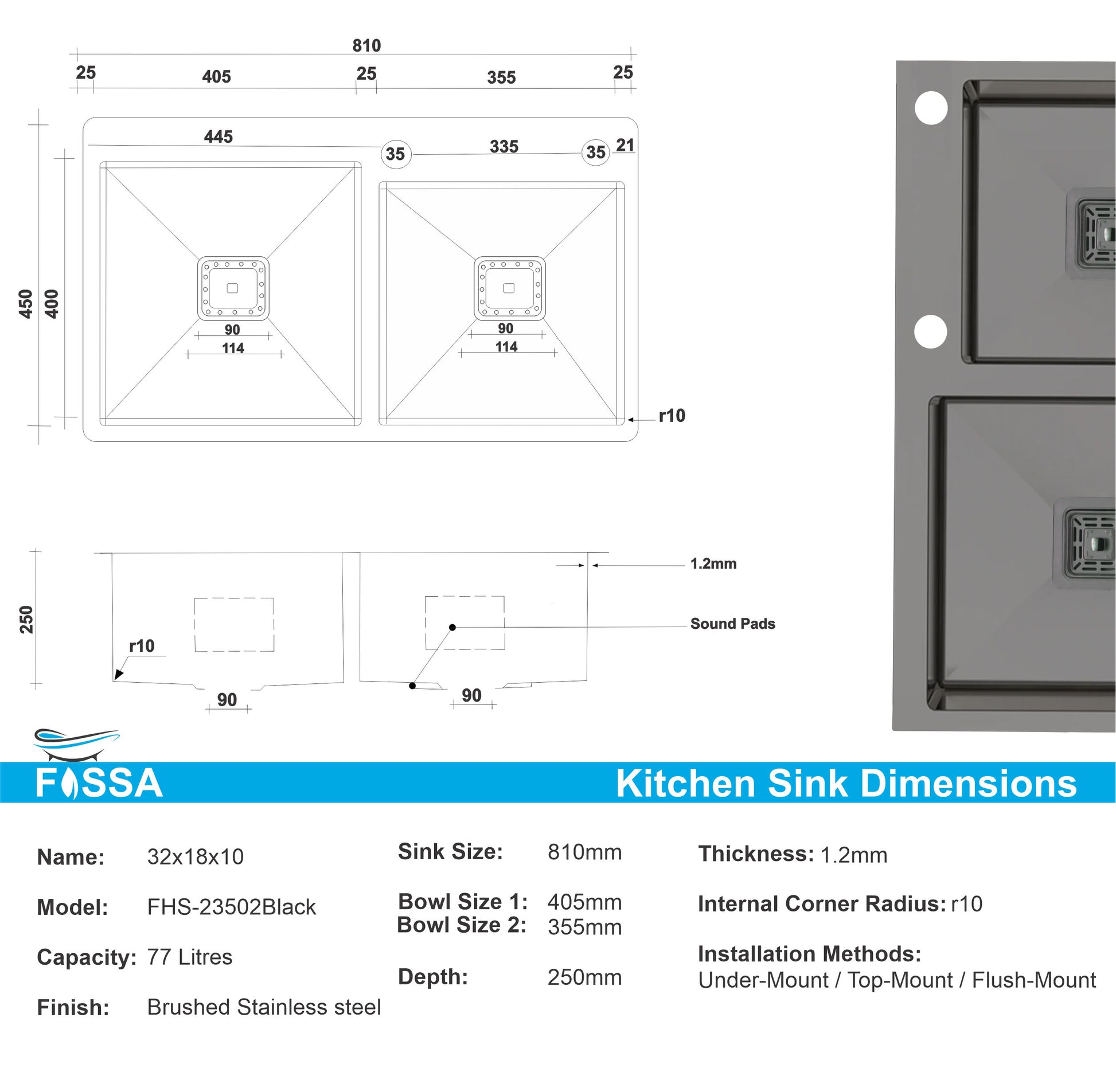 Fossa 32x18x10 inch Double Bowl With Tap Hole SS-304 Grade Handmade Kitchen Sink Black Fossa Home