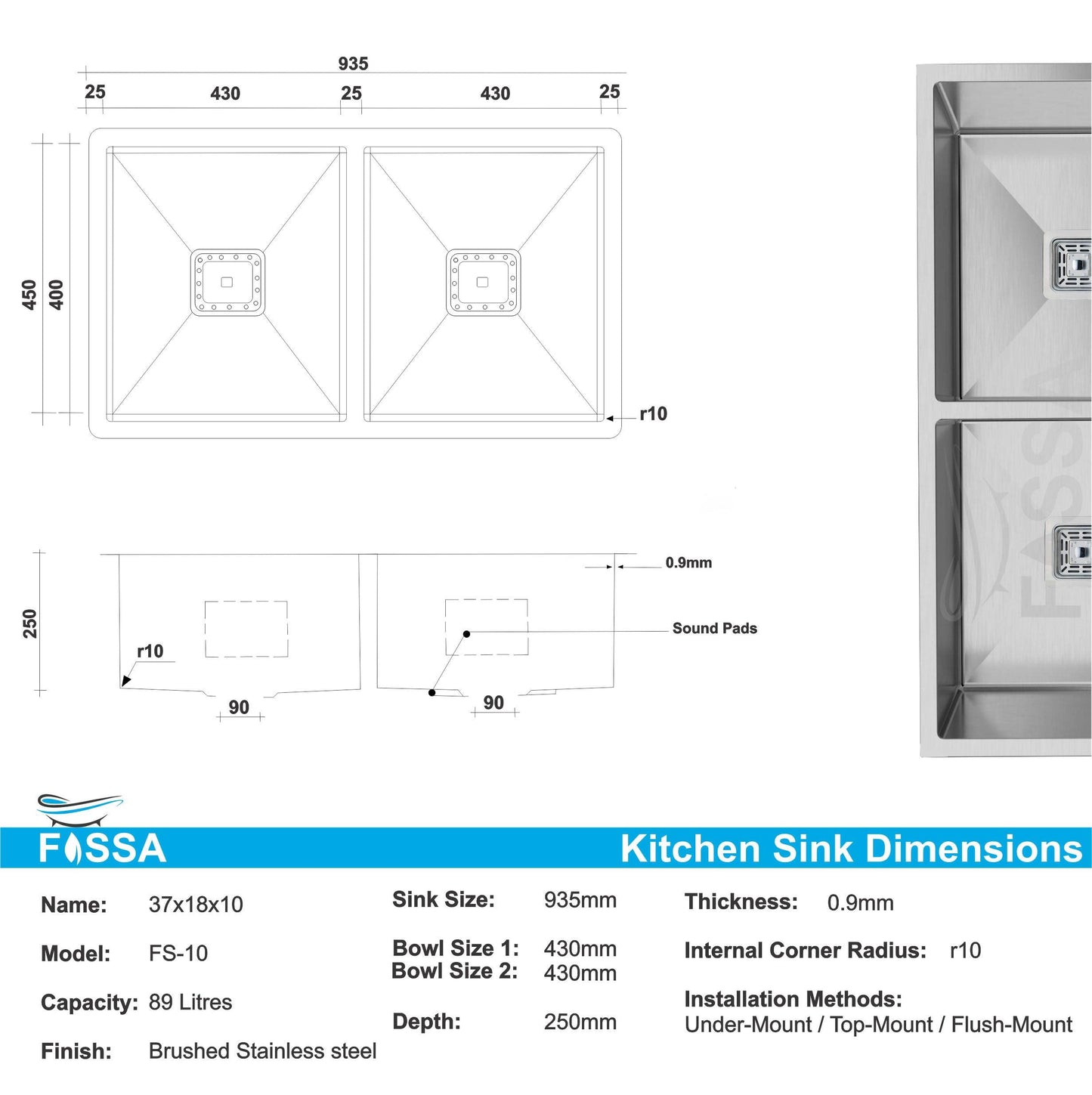 Fossa 37"x18"x10" Double Bowl Handmade kitchen Sink Stainless Steel Matte Finish - Fossa Home 