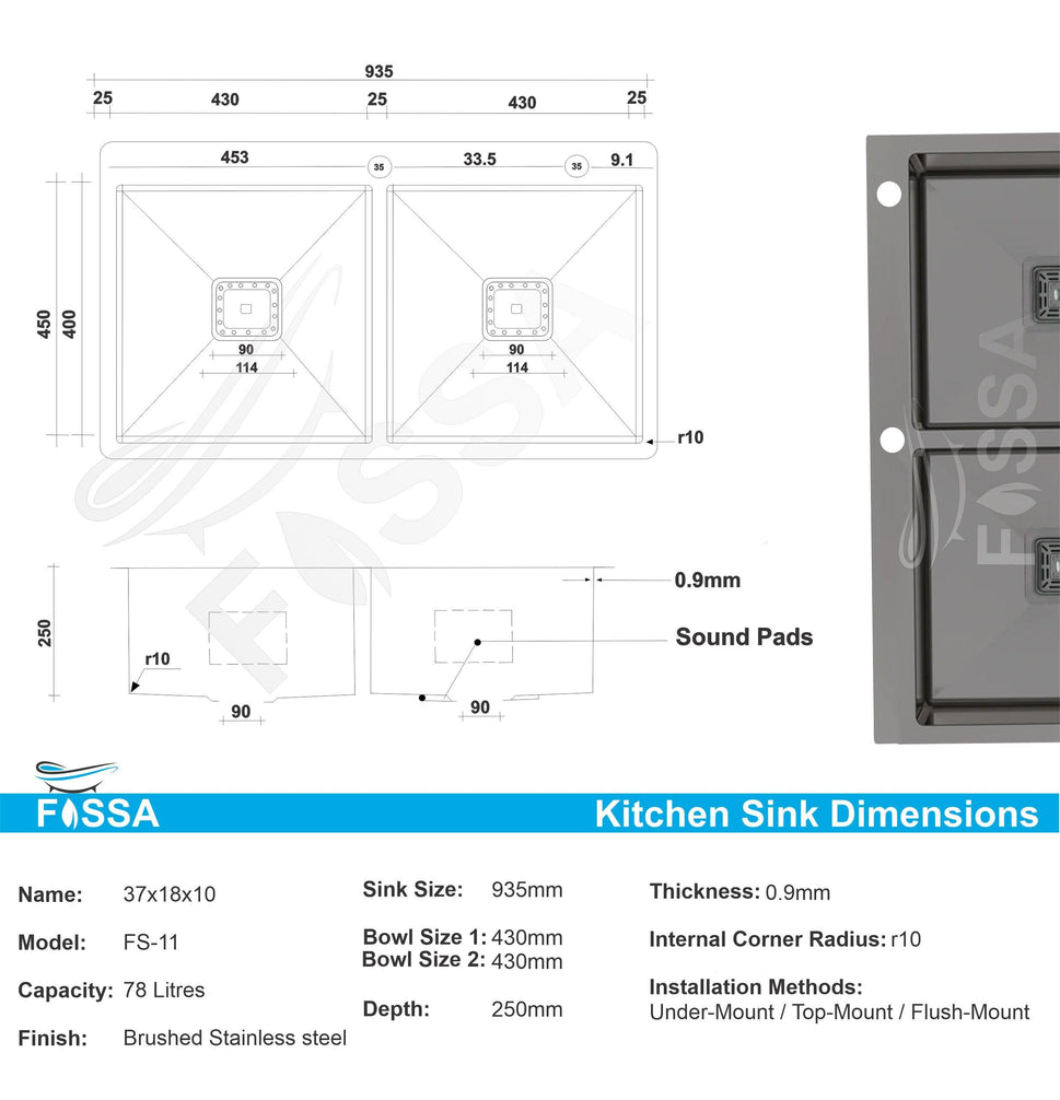 Fossa 37"x18"x10" Double Bowl With Tap Hole Stainless Steel Handmade Kitchen Sink Black Matte Finish - Fossa Home 