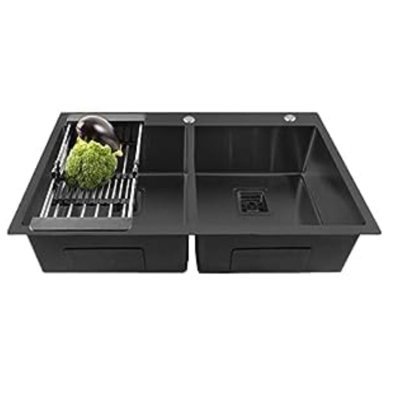 Fossa 37"x18"x10" Double Bowl With Tap Hole Premium Stainless Steel Handmade Kitchen Sink Matte Finish Black Fossa Home