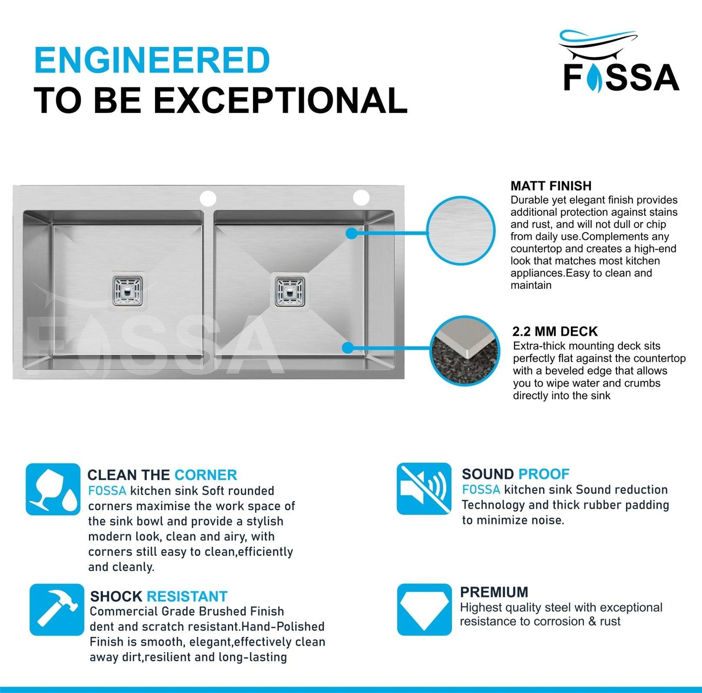 Fossa 37"x18"x10" Double Bowl With Tap Hole Stainless Steel- Handmade Kitchen Sink Matte Finish - Fossa Home 