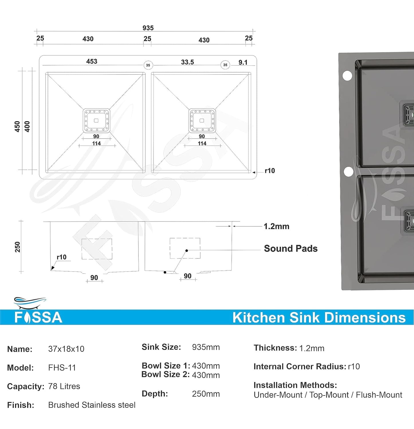 Fossa 37"x18"x10" Double Bowl With Tap Hole SS-304 Grade Stainless Steel Handmade Kitchen Sink Matte Finish Black Fossa Home