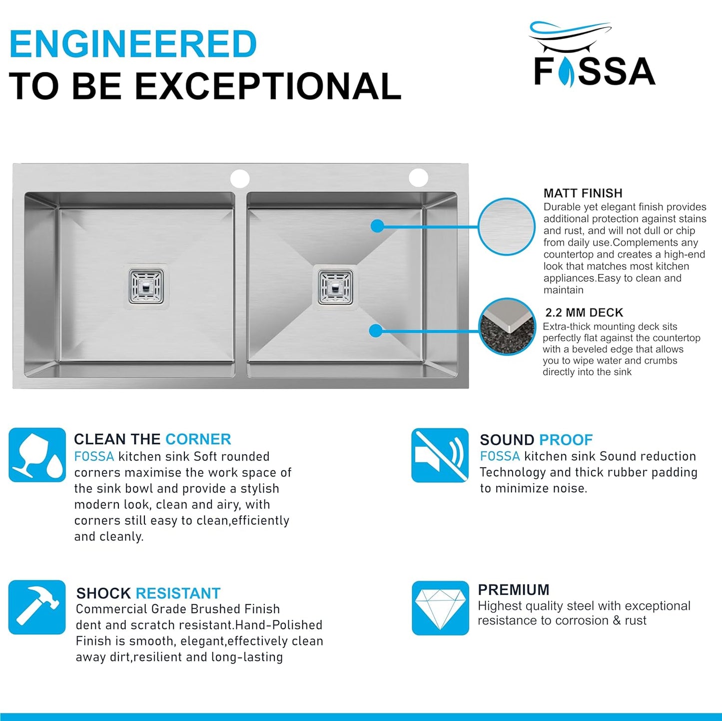 Fossa 37"x18"x10" Double Bowl With Tap Hole SS-304 Grade Stainless Steel Handmade Kitchen Sink Matte Finish Silver Fossa Home