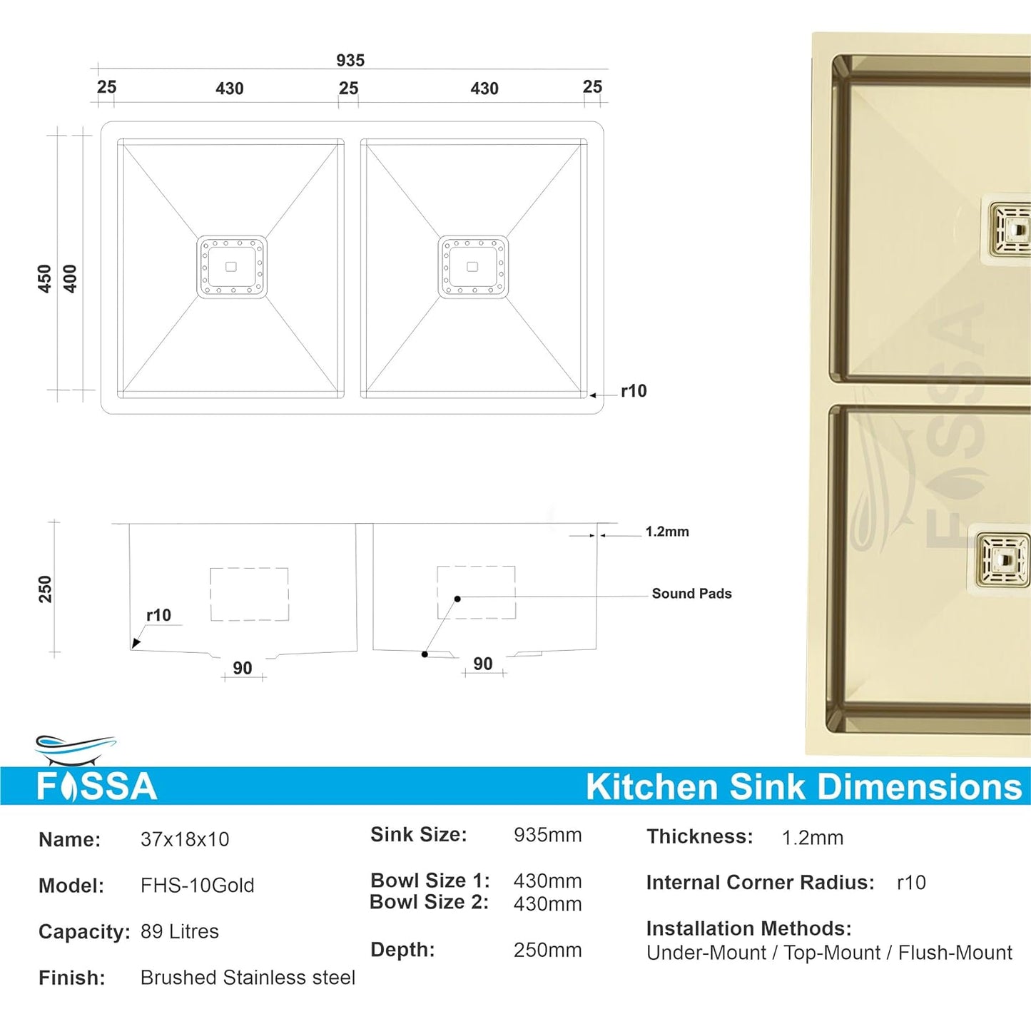 Fossa 37"x18"x10" Inch Double Bowl 304 Grade Handmade Kitchen Sink Gold Fossa Home