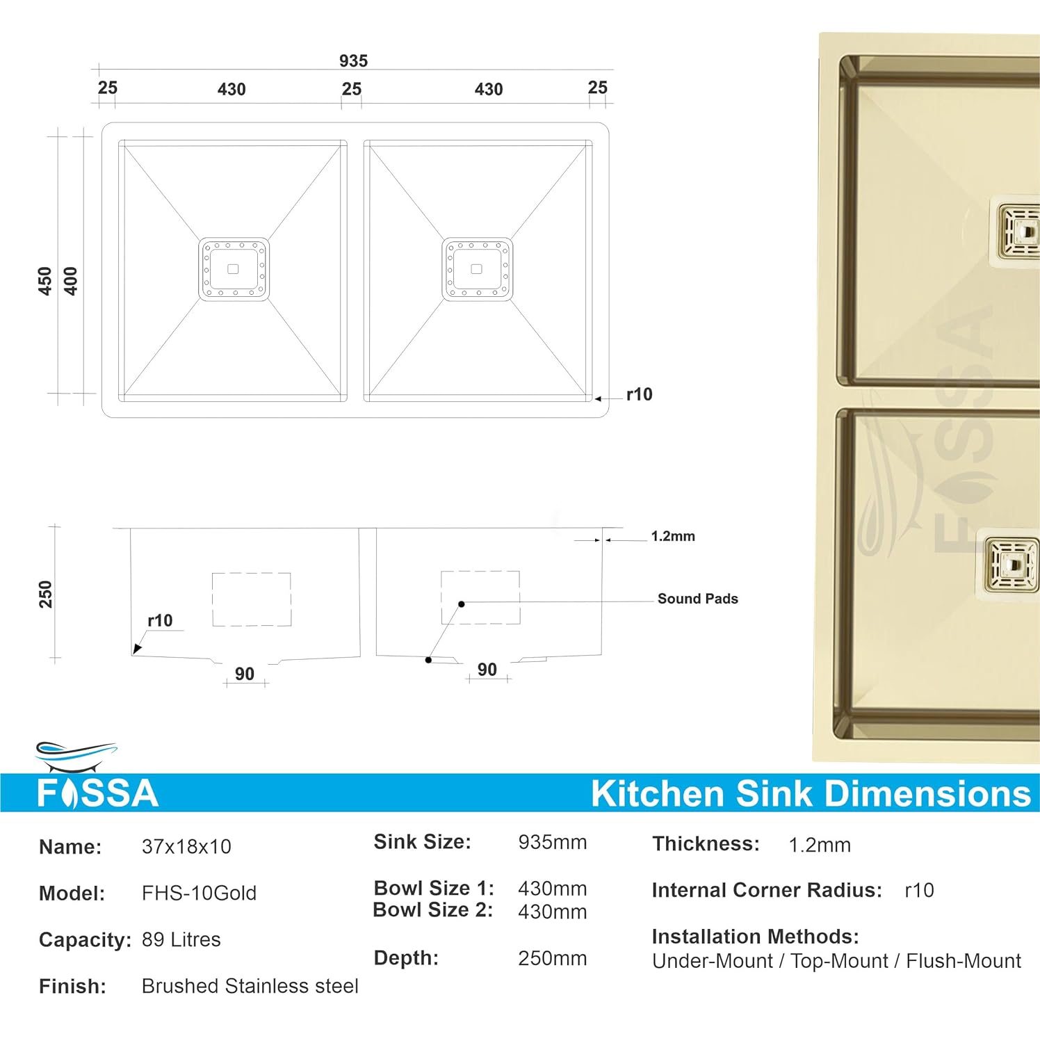 Fossa 37"x18"x10" Inch Double Bowl 304 Grade Handmade Kitchen Sink Gold Fossa Home