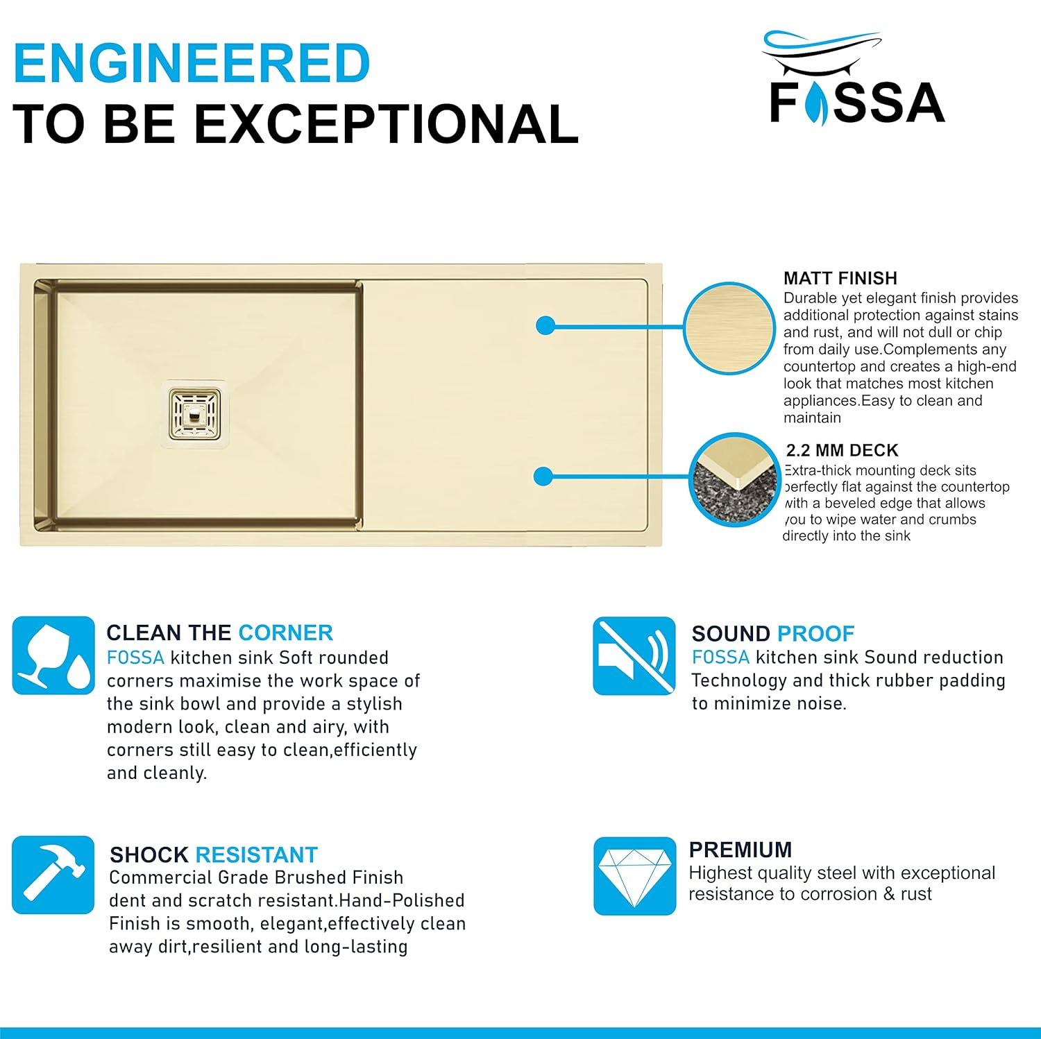 Fossa 37"x18"x10" Single Bowl With Drain Board 304 Grade Handmade Kitchen Sink Gold Fossa Home