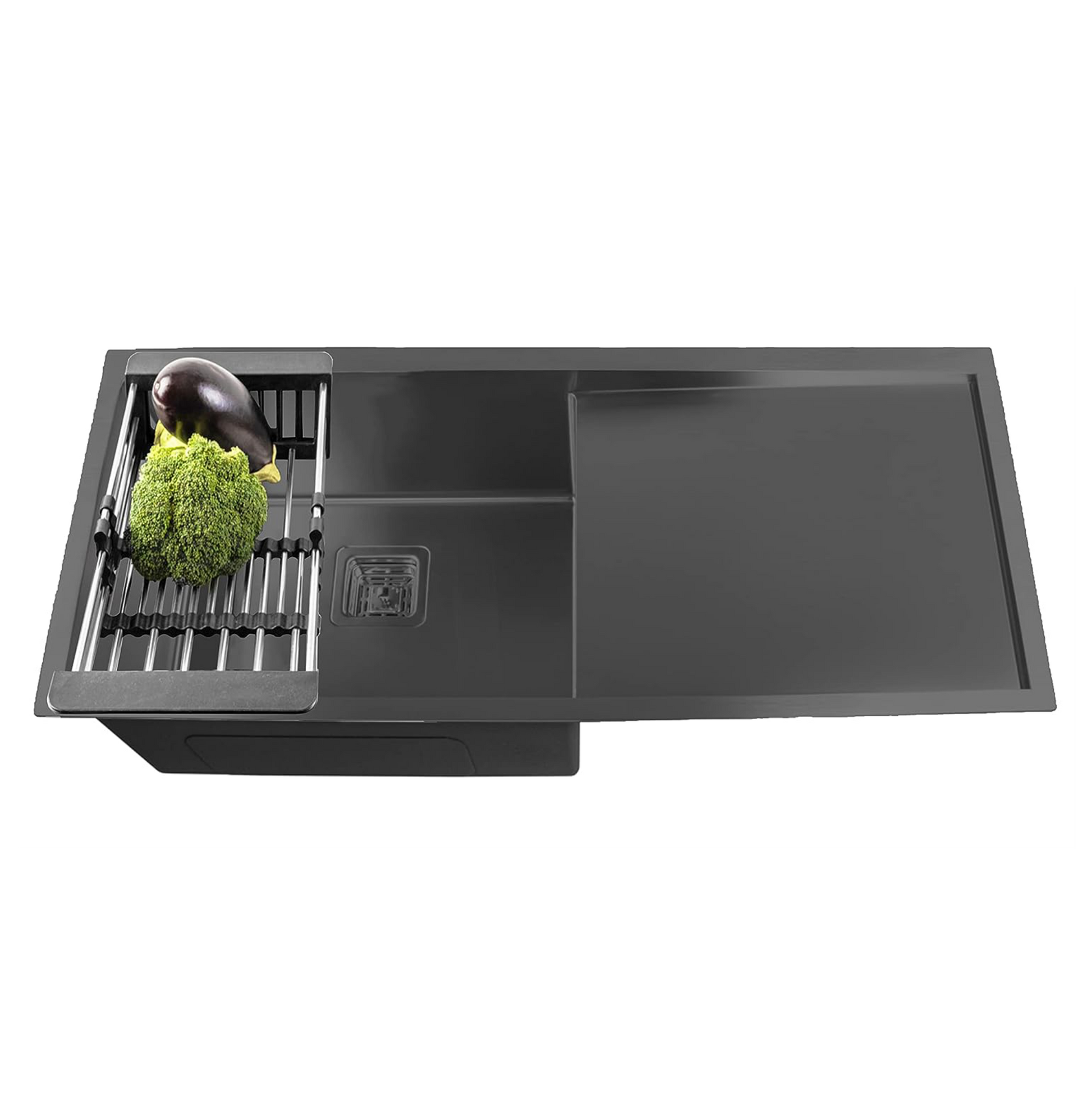 Fossa 37"x18"x10" Single Bowl With Drain Board Premium Handmade Kitchen Sink Black Fossa Home