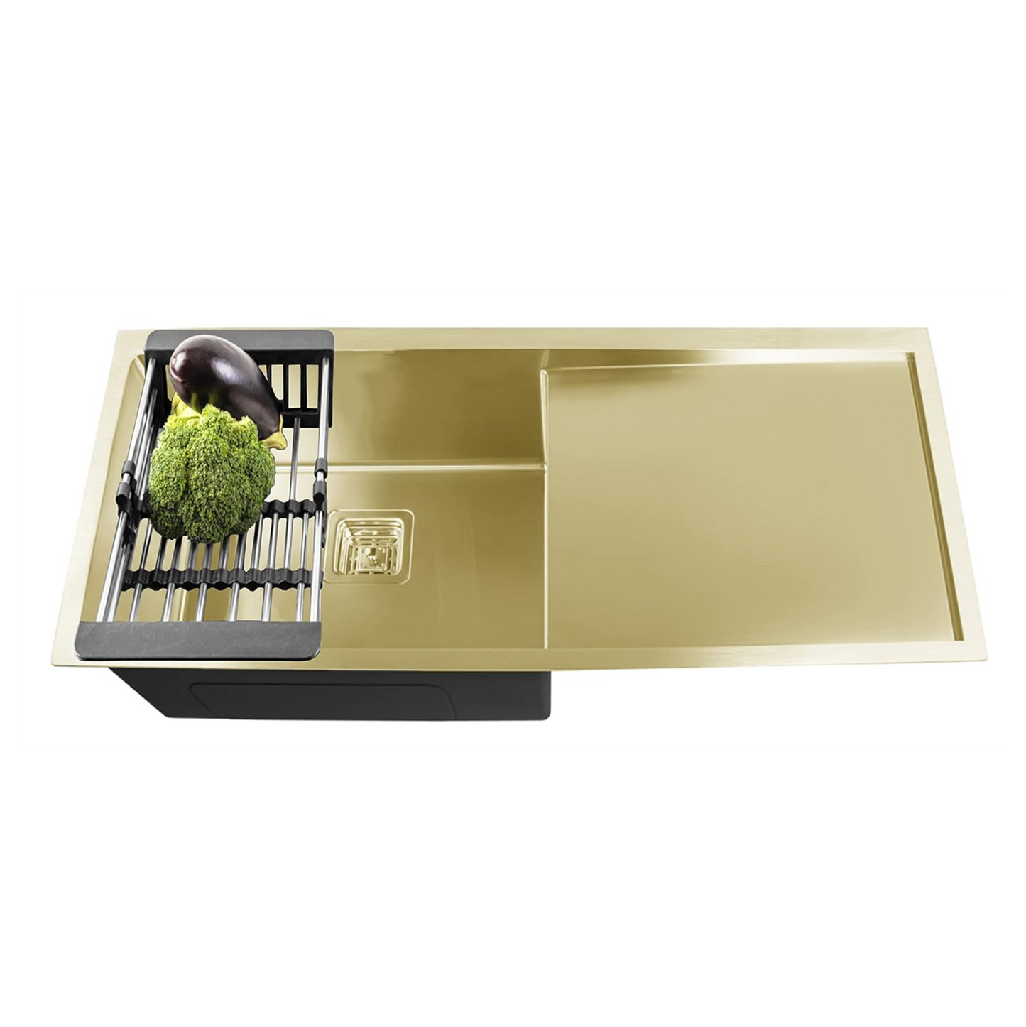 Fossa 37"x18"x10" Single Bowl With Drain Board Premium Handmade Kitchen Sink Gold Fossa Home