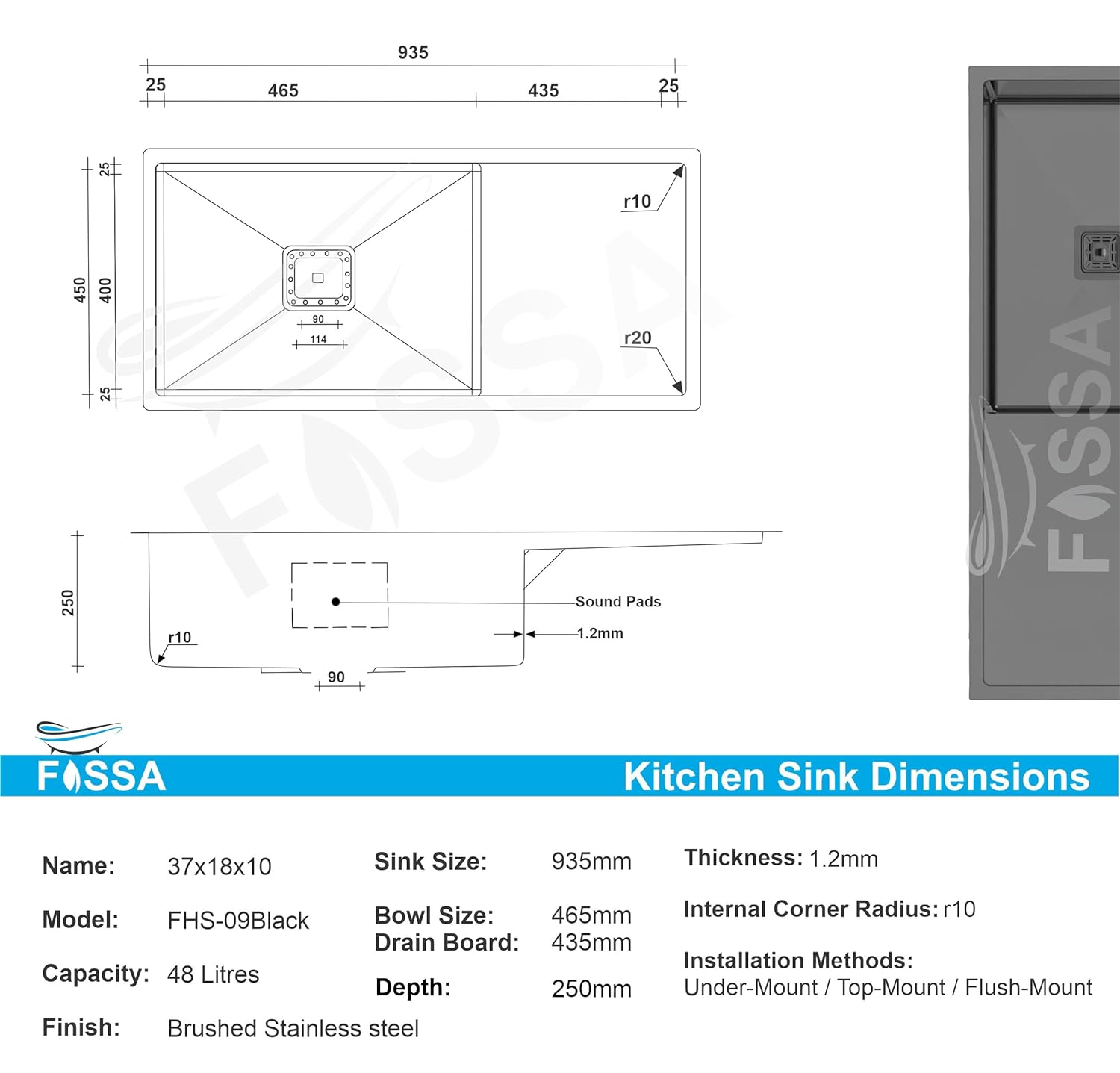 Fossa 37"x18"x10" Single Bowl With Drain Board SS-304 Grade Handmade Kitchen Sink Black Fossa Home