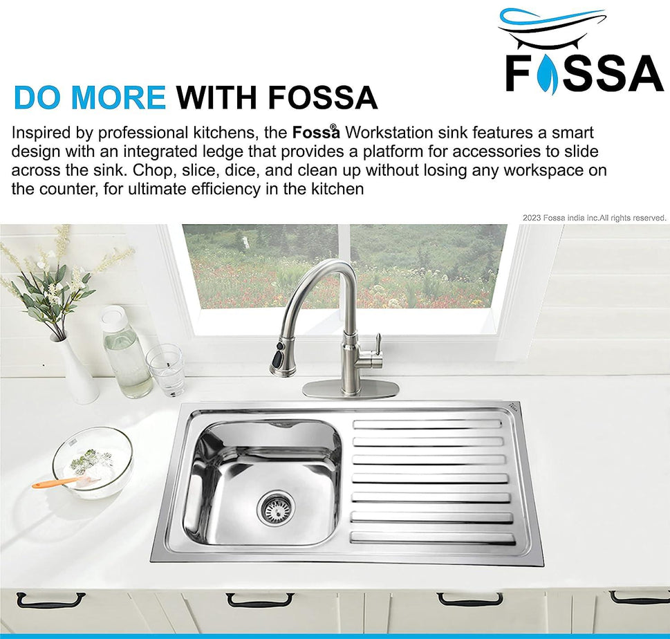 Fossa 37"x18"x10" Single Bowl With Drain Board  Stainless Steel Kitchen Sink With SS Coupling Glossy Finish - Fossa Home 