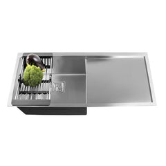 Fossa 40"x18"10" Single Bowl With Drain Board SS-304 Grade Stainless Steel Handmade Kitchen Sink Matte Finish Fossa Home