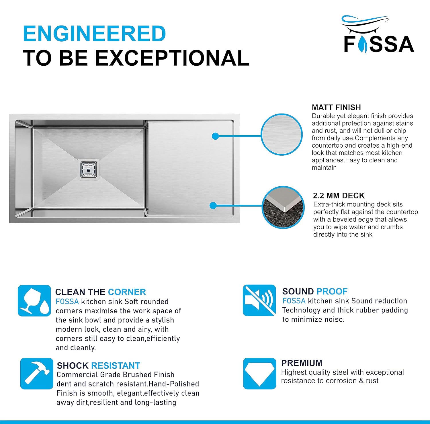 Fossa 40"x18"10" Single Bowl With Drain Board SS-304 Grade Stainless Steel Handmade Kitchen Sink Matte Finish Fossa Home