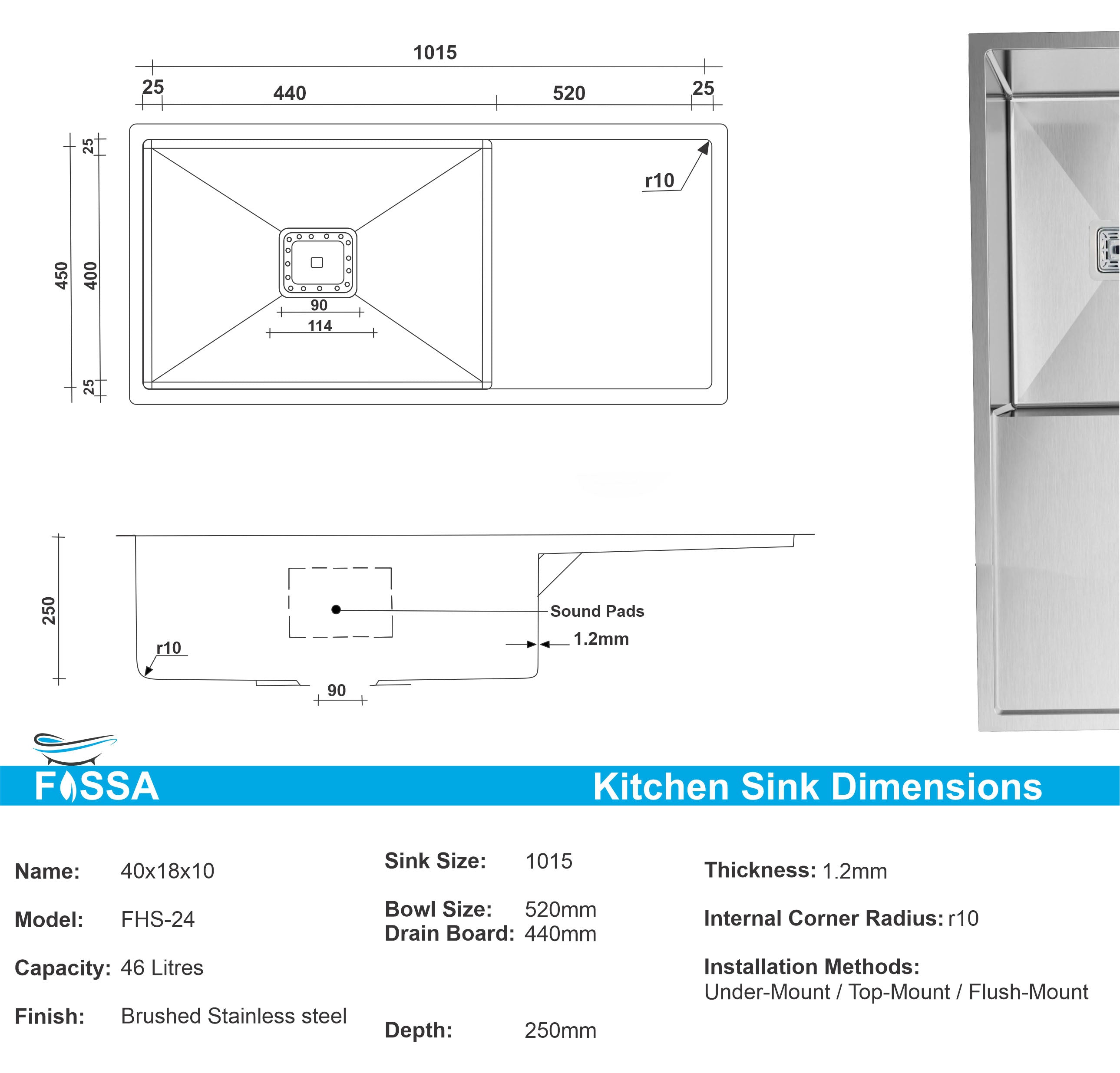 Fossa 40"x18"10" Single Bowl With Drain Board SS-304 Grade Stainless Steel Handmade Kitchen Sink Matte Finish Fossa Home