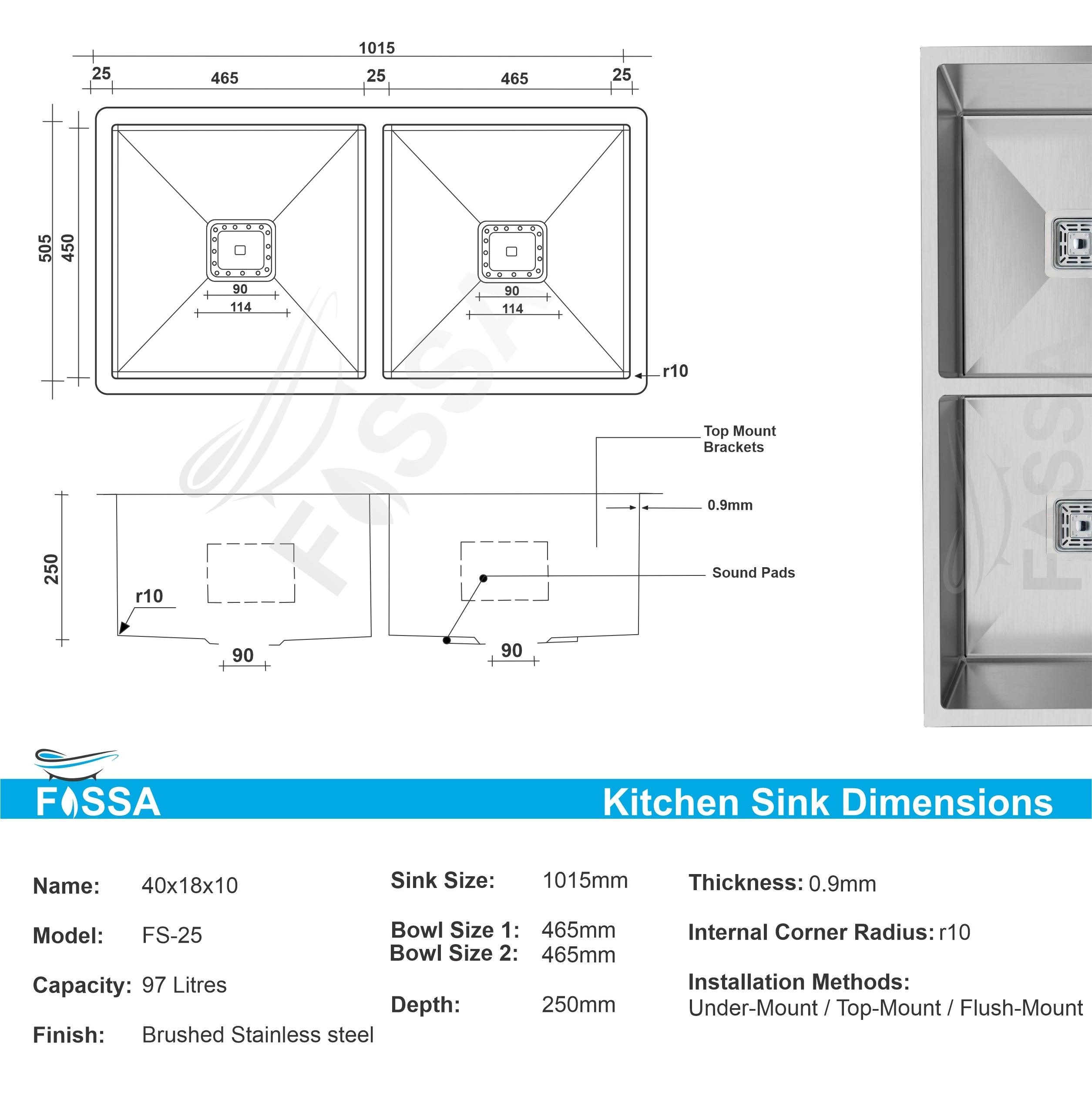 Fossa 40"x18"x10" Double Bowl Stainless Steel Handmade Kitchen Sink Matte Finish - Fossa Home 