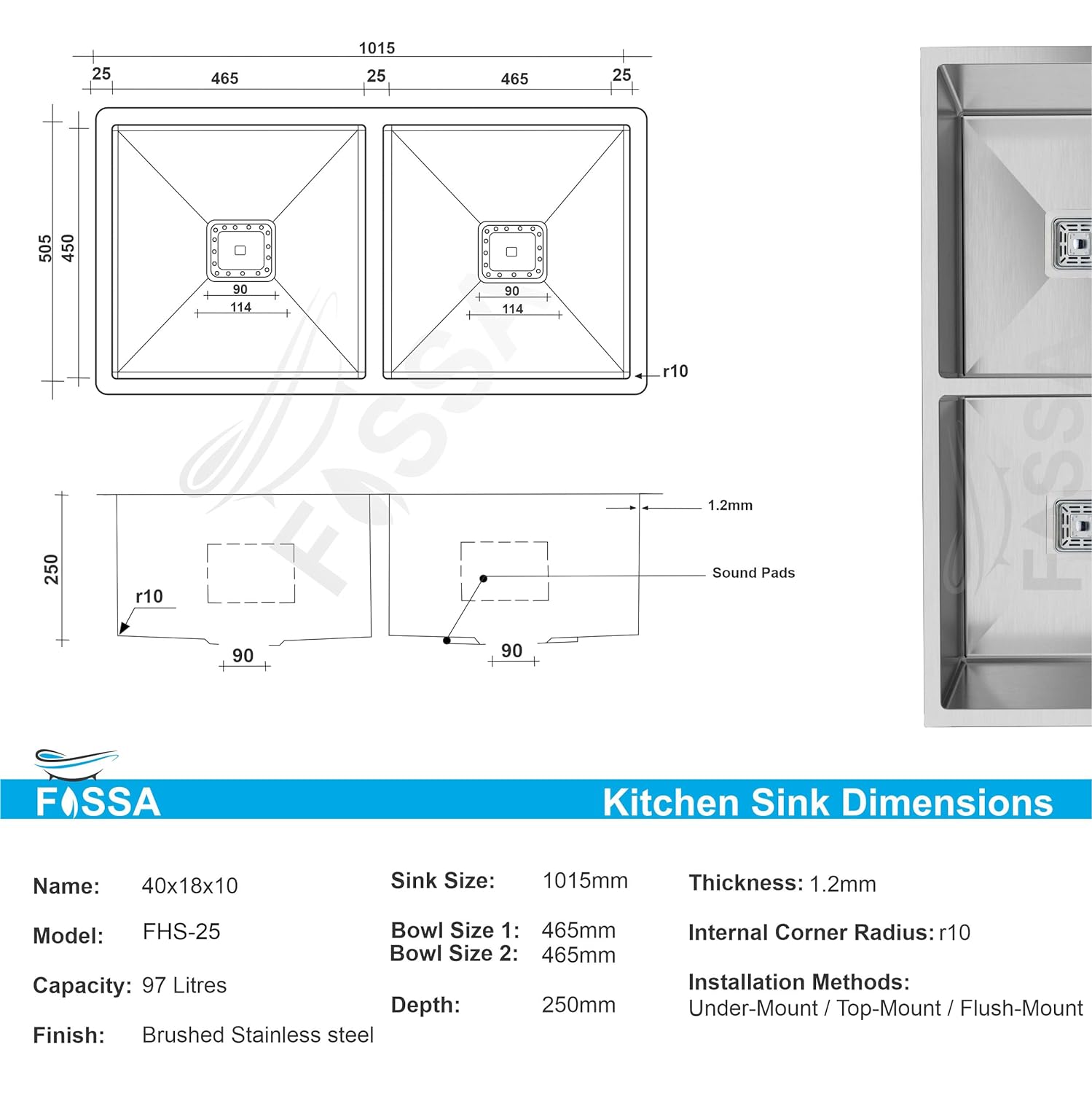 Fossa 40"x18"x10" Double Bowl SS-304 Grade Stainless Steel Handmade Kitchen Sink Matte Finish Silver Fossa Home