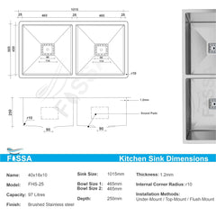 Fossa 40"x18"x10" Double Bowl SS-304 Grade Stainless Steel Handmade Kitchen Sink Matte Finish Silver Fossa Home