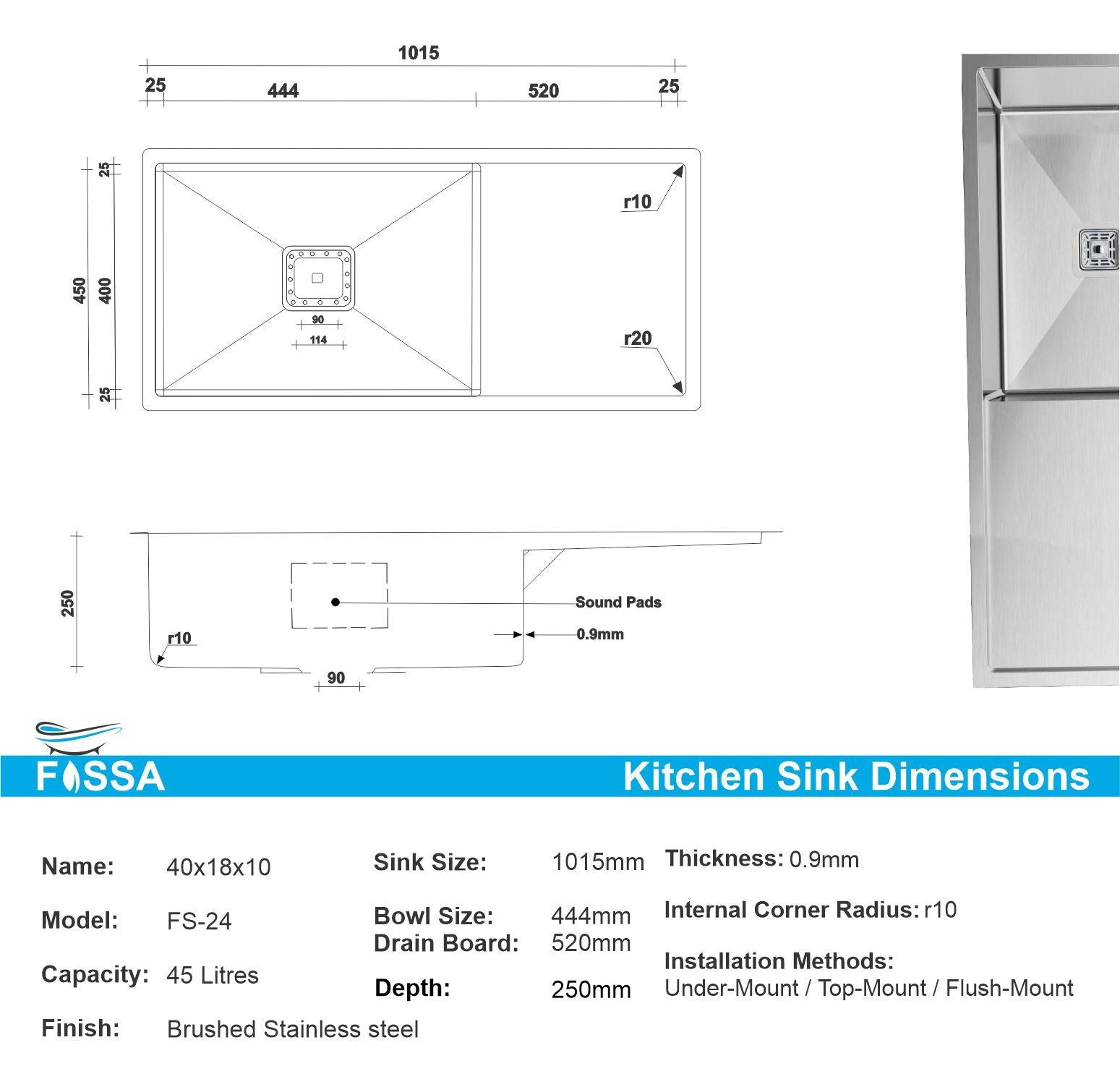 Fossa 40"x18"10" Single Bowl With Drain Board  Stainless Steel Handmade Kitchen Sink Matte Finish - Fossa Home 