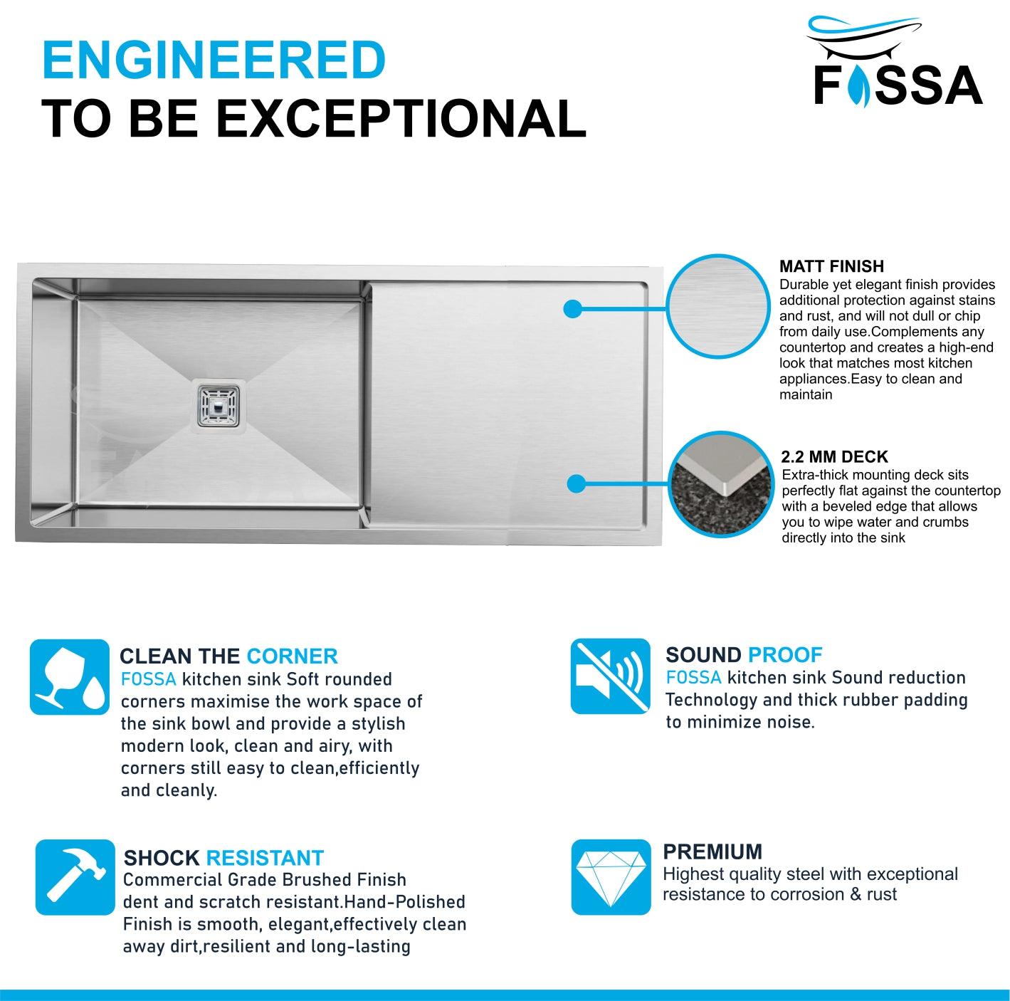 Fossa 40"x18"10" Single Bowl With Drain Board  Stainless Steel Handmade Kitchen Sink Matte Finish - Fossa Home 