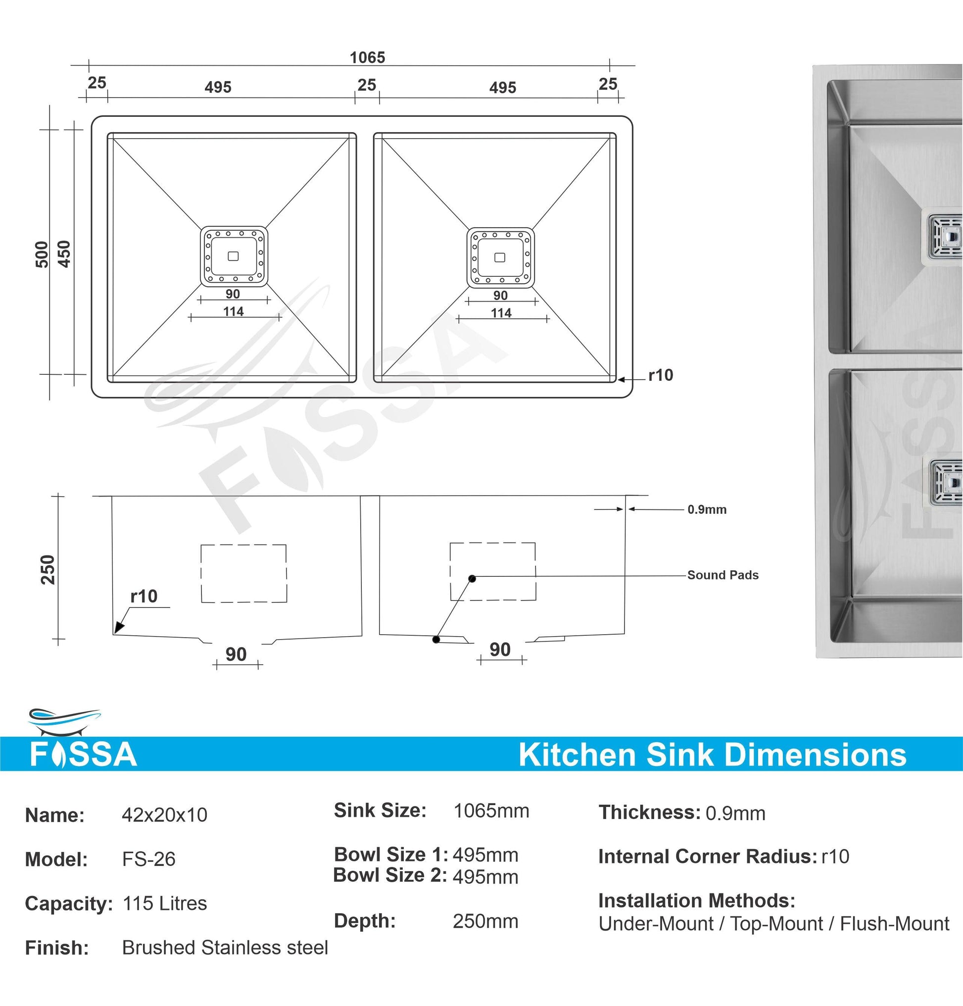 Fossa 42x20x10 Inch Double Bowl Handmade Kitchen Sink Matte Finish - Fossa Home 