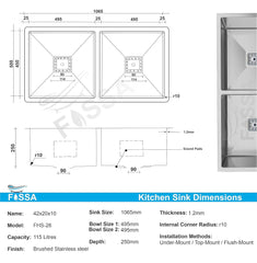 Fossa 42"x20"x10" Inch Double Bowl SS-304 Grade Handmade Kitchen Sink Matte Finish Silver Fossa Home