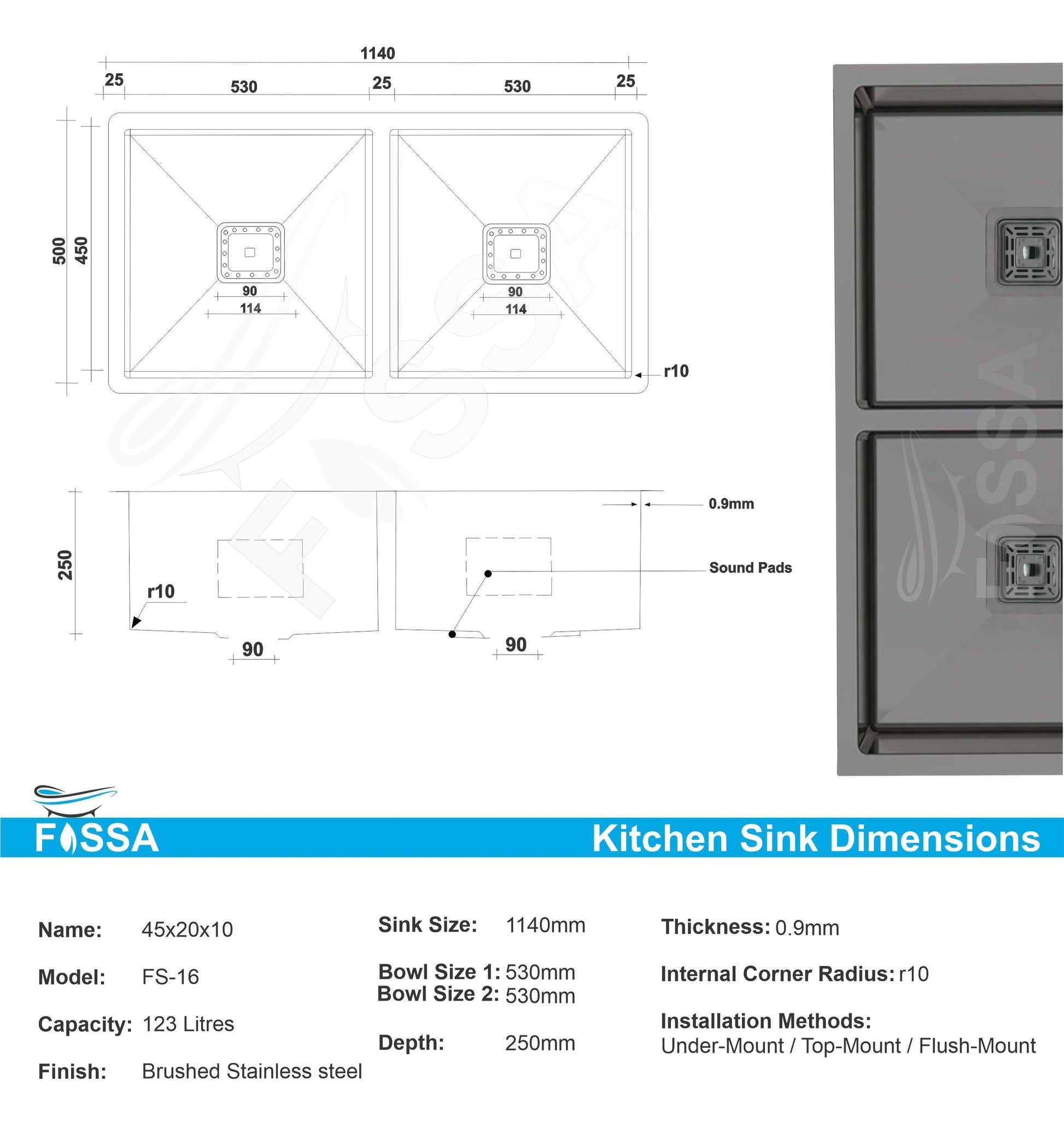 Fossa 45"x20"x10" Double Bowl Handmade kitchen Sink Stainless Steel Black Matte Finish - Fossa Home 