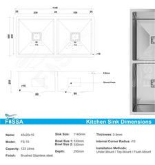 Fossa 45"x20"x10" Double Bowl Stainless Steel Handmade Kitchen Sink Matte Finish - Fossa Home 