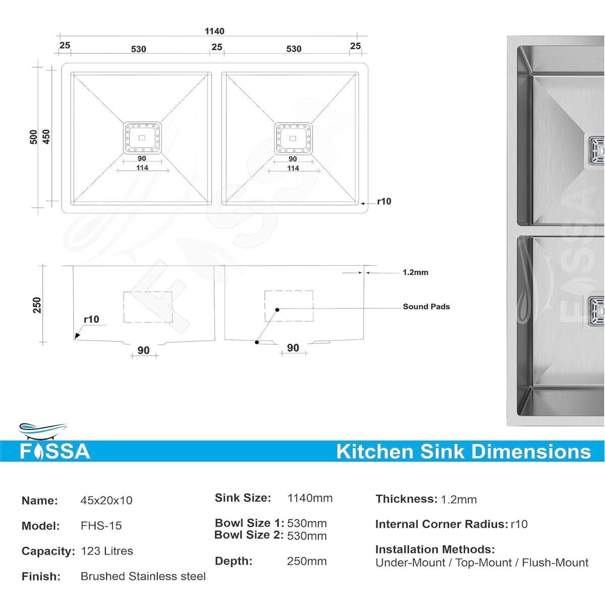 Fossa 45"x20"x10" Double Bowl SS-304 Grade Stainless Steel Handmade Kitchen Sink Matt Finish Silver Fossa Home