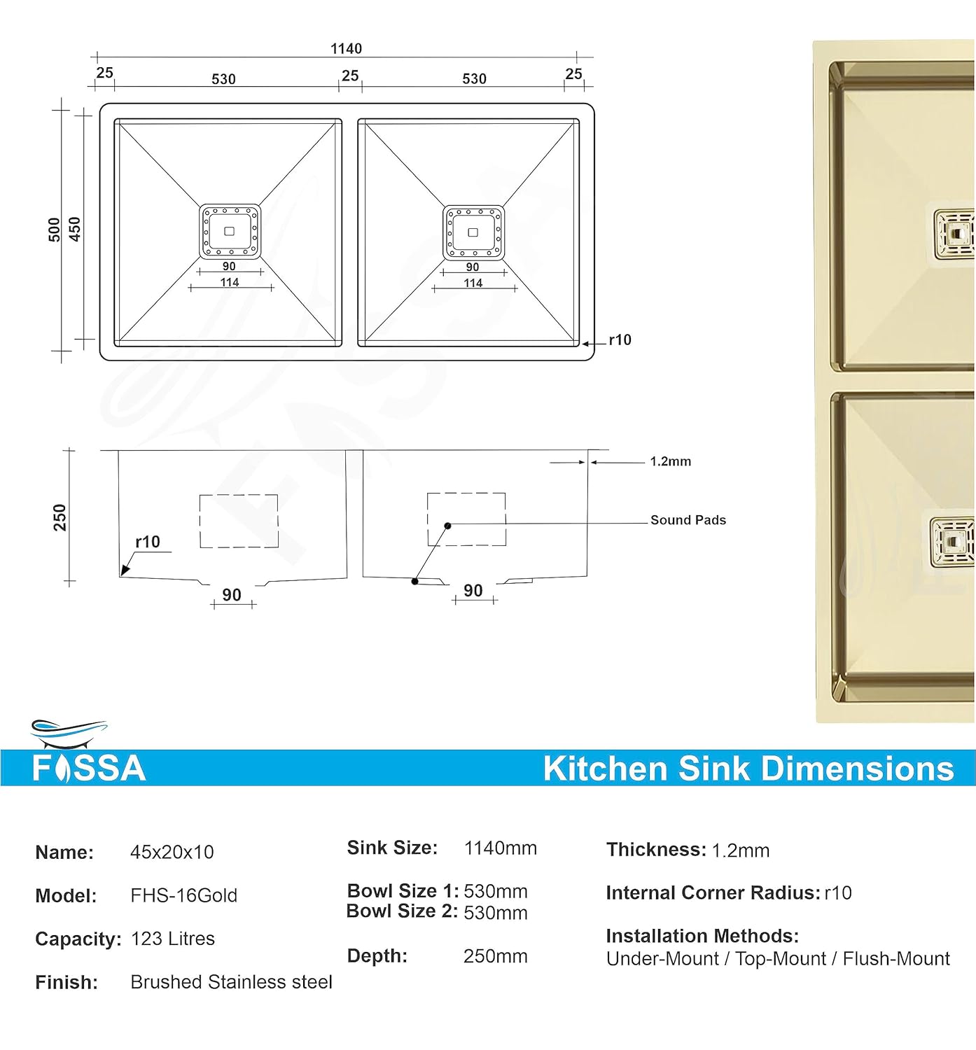 Fossa 45"x20"x10" Double Bowl SS-304 Grade Stainless Steel Handmade kitchen Sink Gold Fossa Home