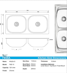 Fossa 45"x20"x10" Double Bowl Stainless Steel Kitchen Sink With SS Coupling Glossy Finish - Fossa Home 