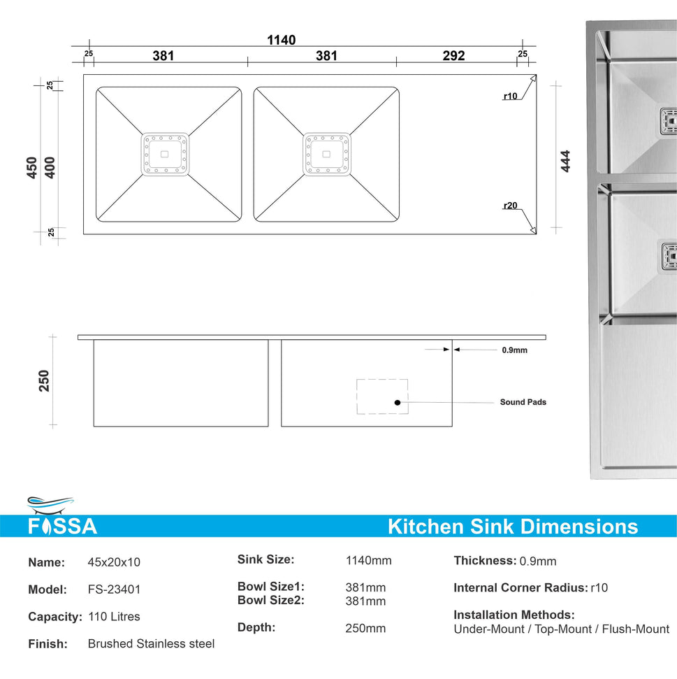 Fossa 45"x20"x10" Double Bowl With Drain Board Stainless Steel Handmade Kitchen Sink Matte Finish - Fossa Home 