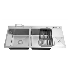 Fossa 45"x20"x10" Double Bowl With Dustbin Stainless Steel Handmade Kitchen Sink Matte Finish Fossa Home