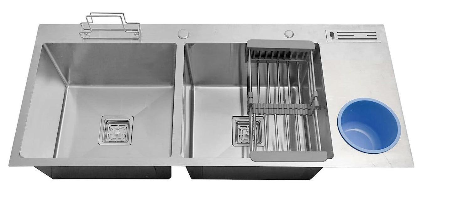 Fossa 45"x20"x10" Double Bowl With Dustbin Stainless Steel Handmade Kitchen Sink Matte Finish - Fossa Home 