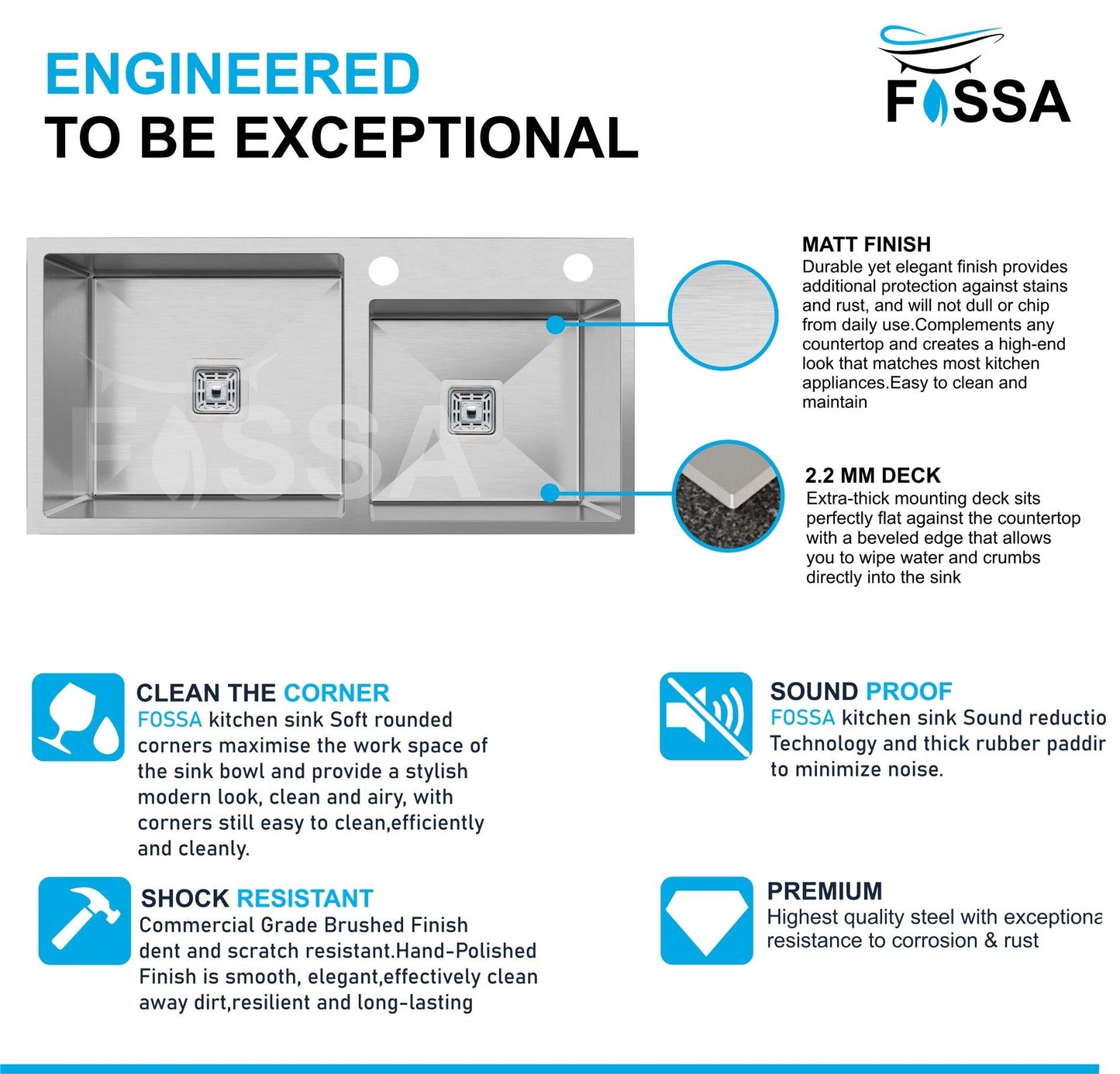 Fossa 45"x20"x10" Double Bowl With Tap Hole Stainless Steel Handmade Kitchen Sink Matte Finish - Fossa Home 