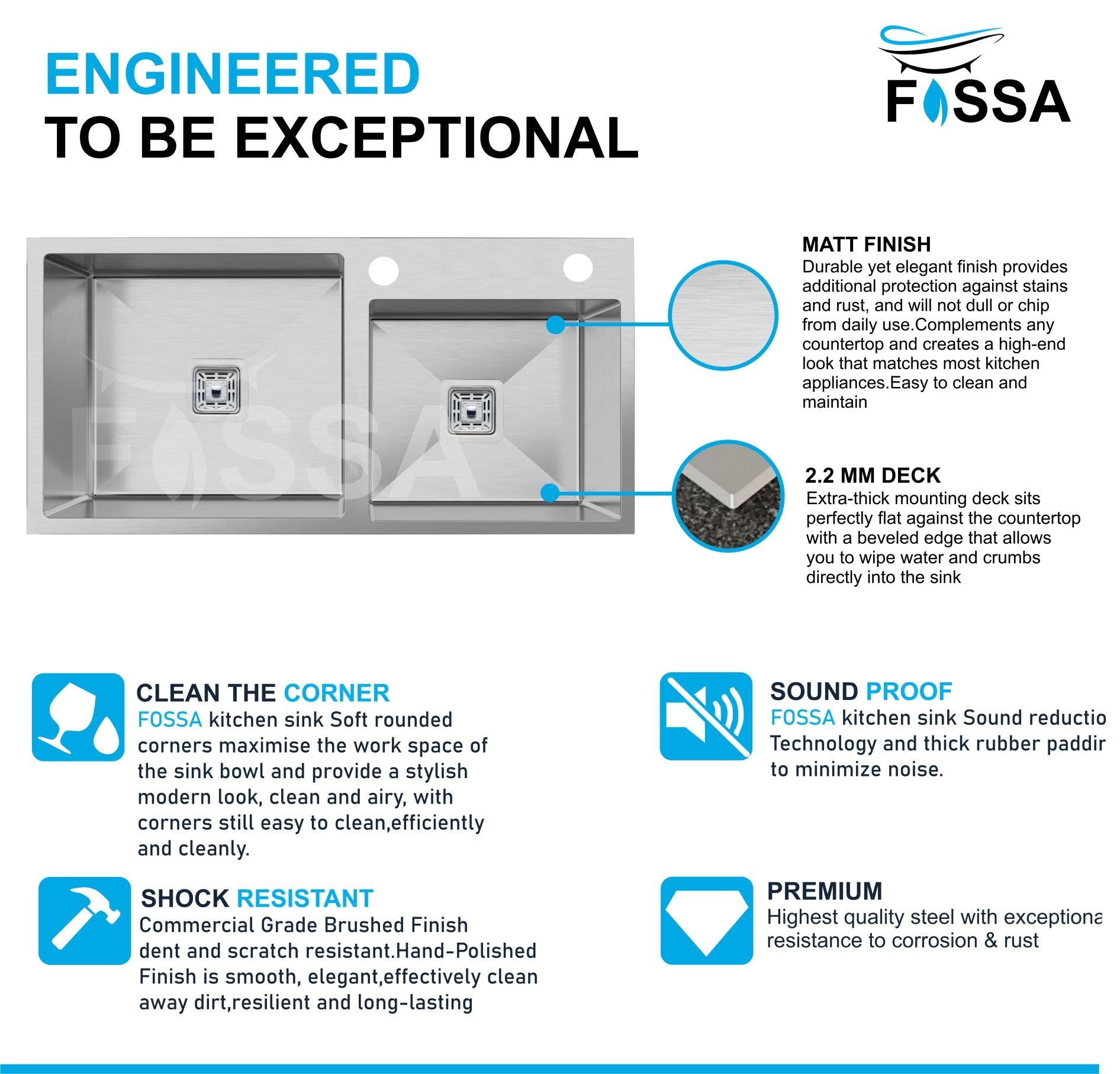 Fossa 45"x20"x10" Double Bowl With Tap Hole Stainless Steel Handmade Kitchen Sink Matte Finish - Fossa Home 