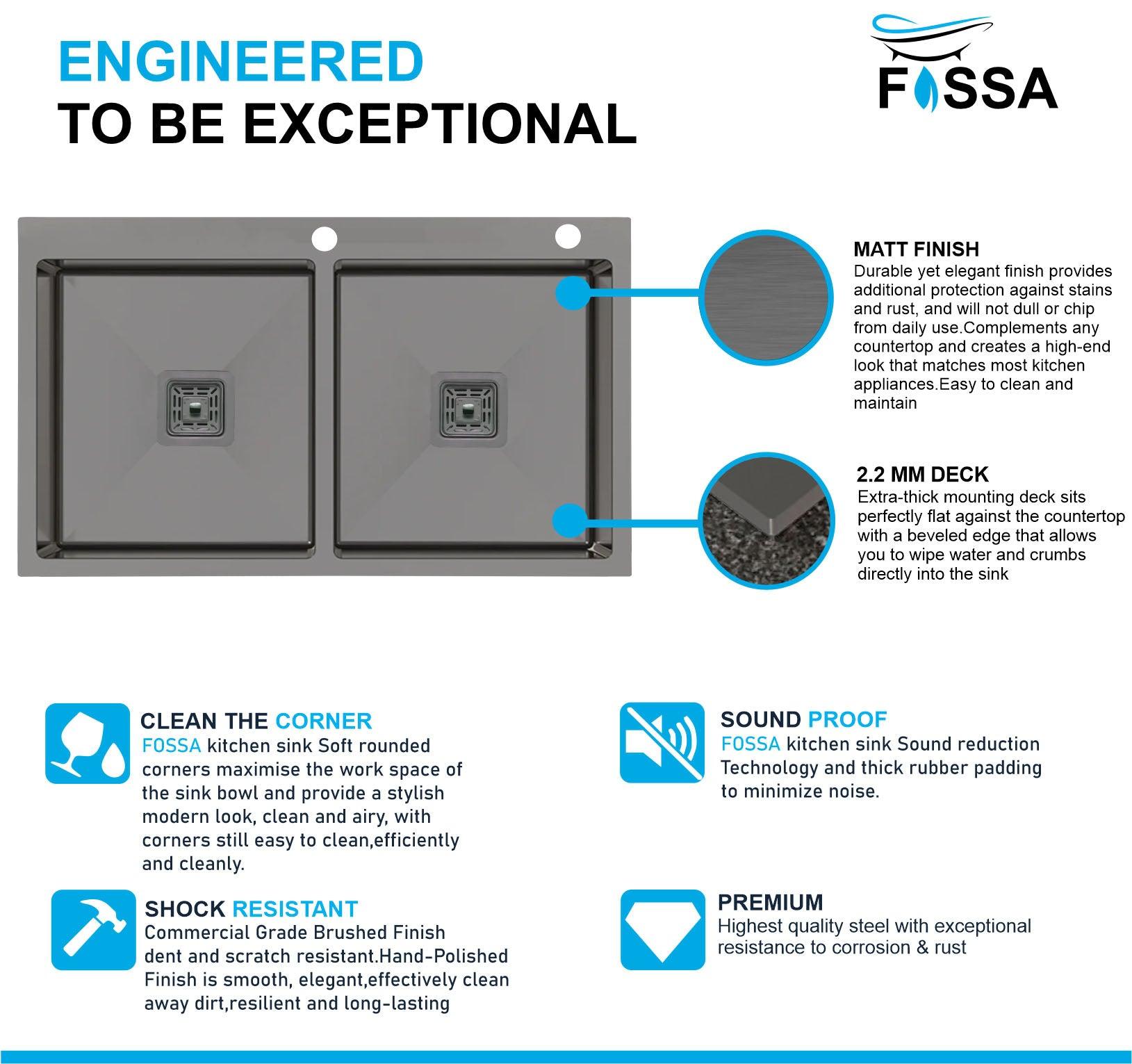 Fossa 45"x20"x10" Double Bowl With Tap Hole Stainless Steel Handmade Kitchen Sink Black Matte Finish - Fossa Home 