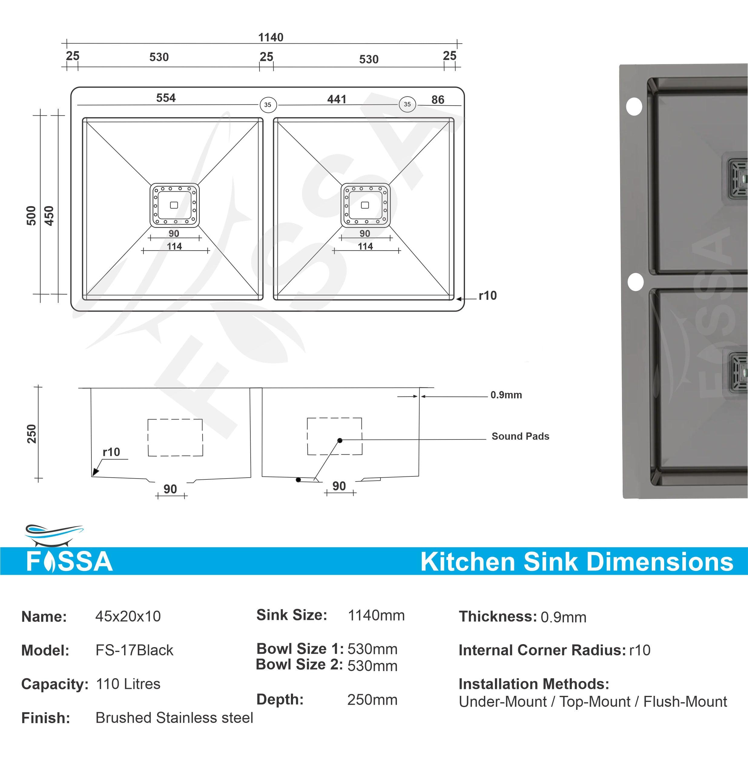 Fossa 45"x20"x10" Double Bowl With Tap Hole Stainless Steel Handmade Kitchen Sink Black Matte Finish - Fossa Home 