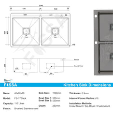 Fossa 45"x20"x10" Double Bowl With Tap Hole Stainless Steel Handmade Kitchen Sink Black Matte Finish - Fossa Home 