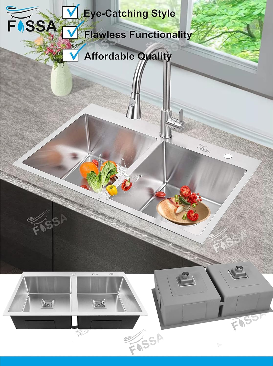 Fossa 45"x20"x10" Double Bowl With Tap Hole SS-304 Grade Stainless Steel Handmade Kitchen Sink Silver Fossa Home