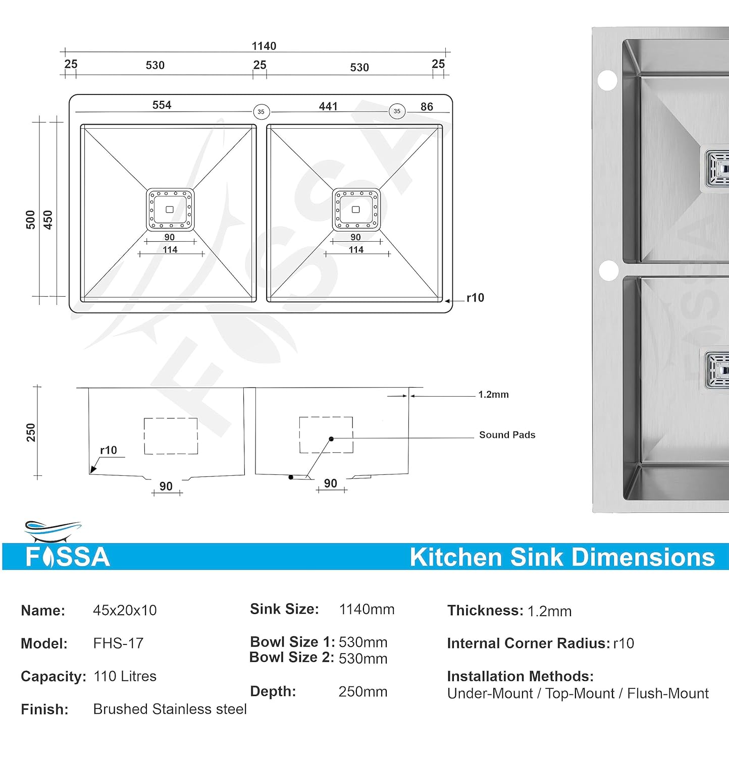 Fossa 45"x20"x10" Double Bowl With Tap Hole SS-304 Grade Stainless Steel Handmade Kitchen Sink Silver Fossa Home