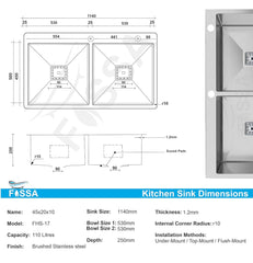 Fossa 45"x20"x10" Double Bowl With Tap Hole SS-304 Grade Stainless Steel Handmade Kitchen Sink Silver Fossa Home