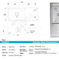 Fossa 45"x20"x10" Single Bowl With Drain Board  Stainless Steel Handmade Kitchen Sink Matte Finish - Fossa Home 