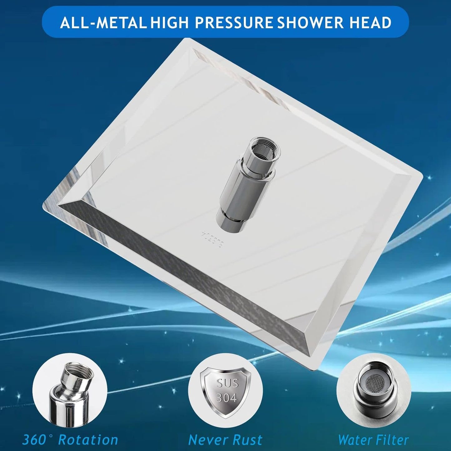 Fossa 8X8 Inch Rain Shower - Square High Pressure Shower Head Made of 304 Stainless Steel Chrome Finish (With Arm Set 15" Inch) Fossa Home