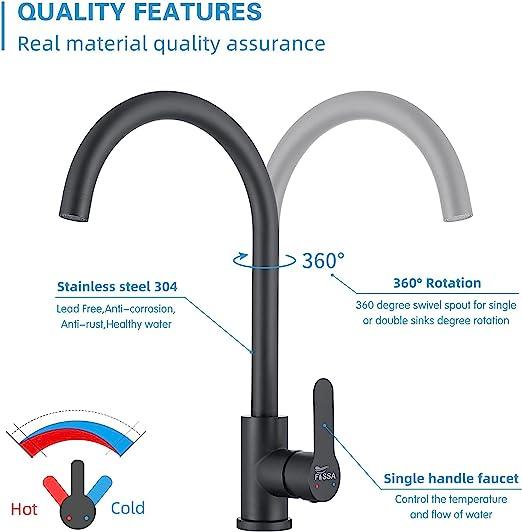 Fossa High Pressure Kitchen Faucet 360° Swivel, Stainless Steel Kitchen Faucet, Kitchen Mixer Tap with High Spout-257mm (Black) - Fossa Home 