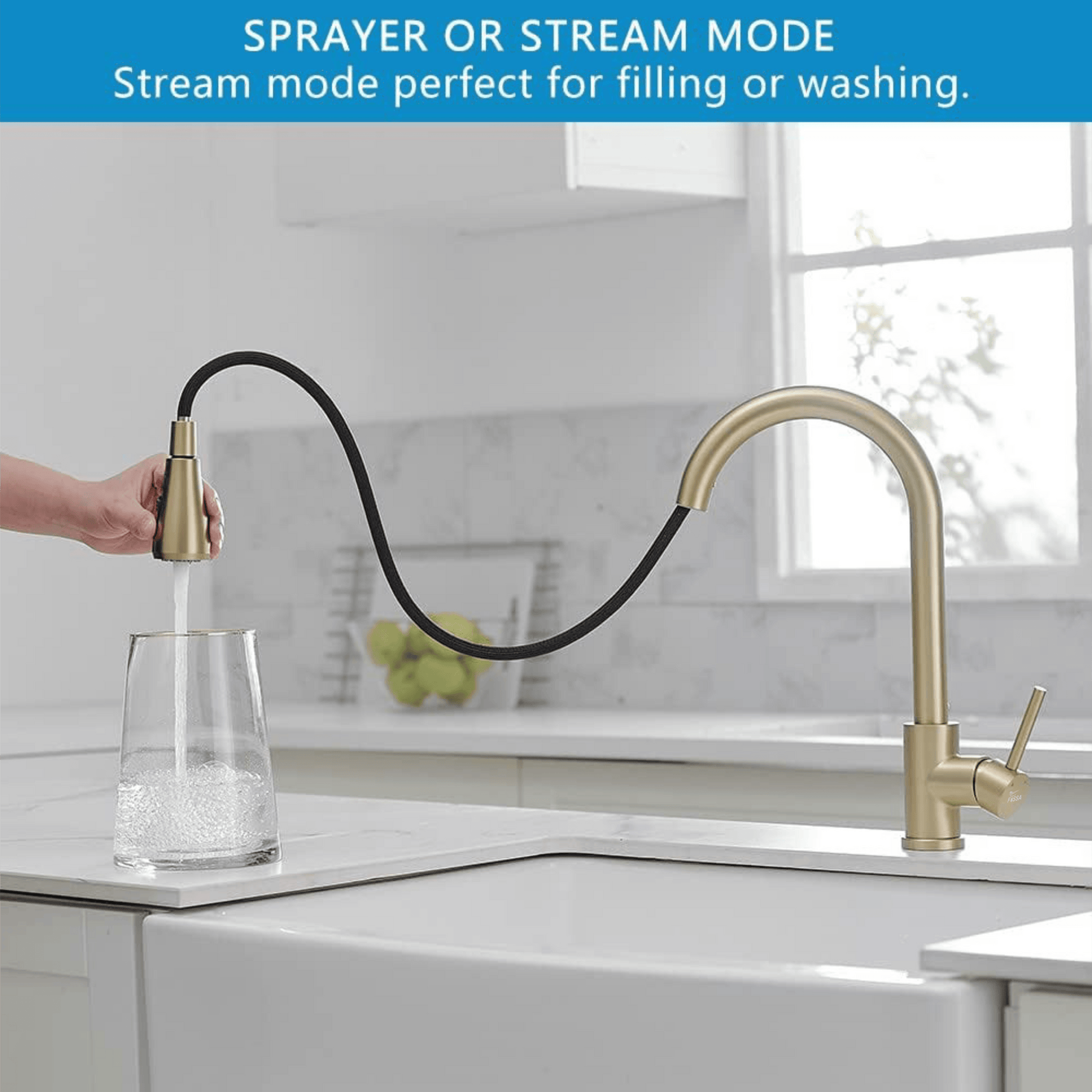 Fossa Kitchen Sink Mixer Tap with Pull Down Sprayer, Single Handle High Pull Out Kitchen Taps, Single Level Stainless Steel (Gold) - Fossa Home 