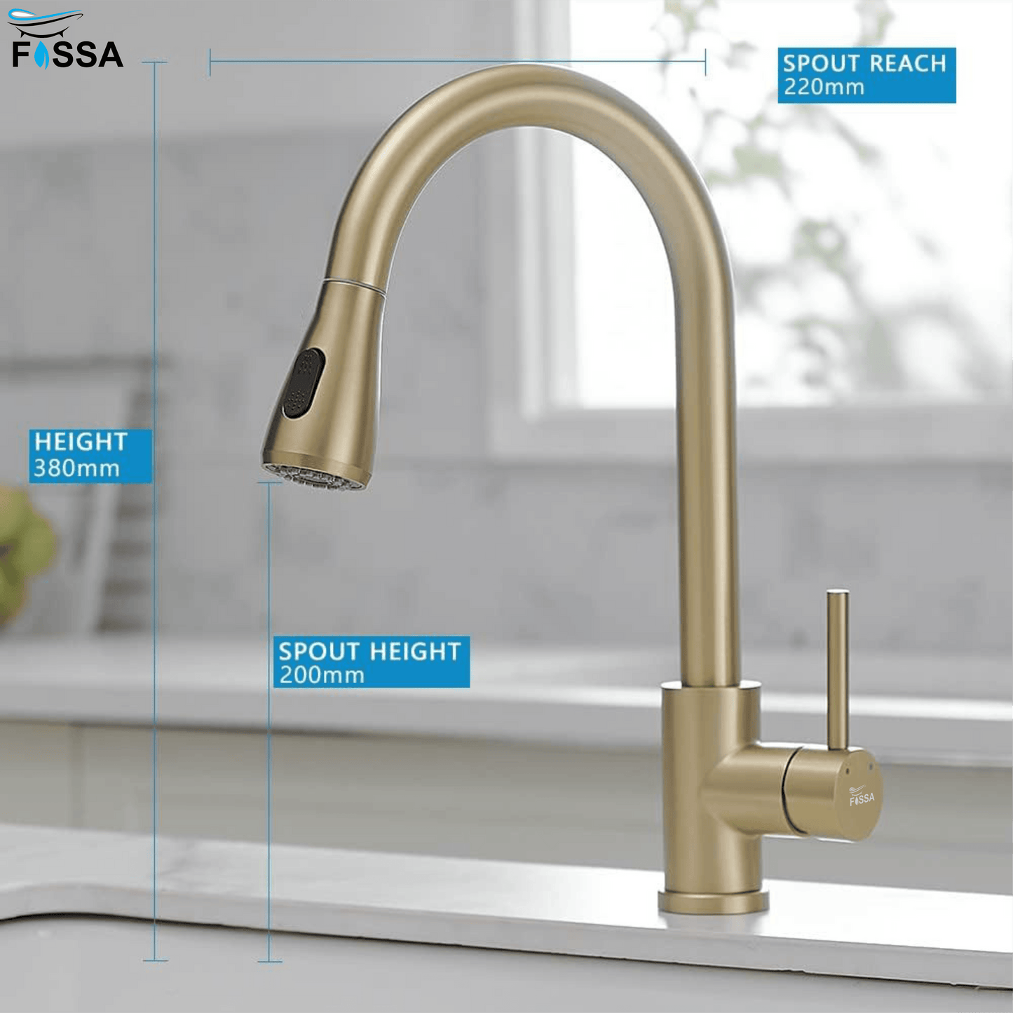 Fossa Kitchen Sink Mixer Tap with Pull Down Sprayer, Single Handle High Pull Out Kitchen Taps, Single Level Stainless Steel (Gold) - Fossa Home 