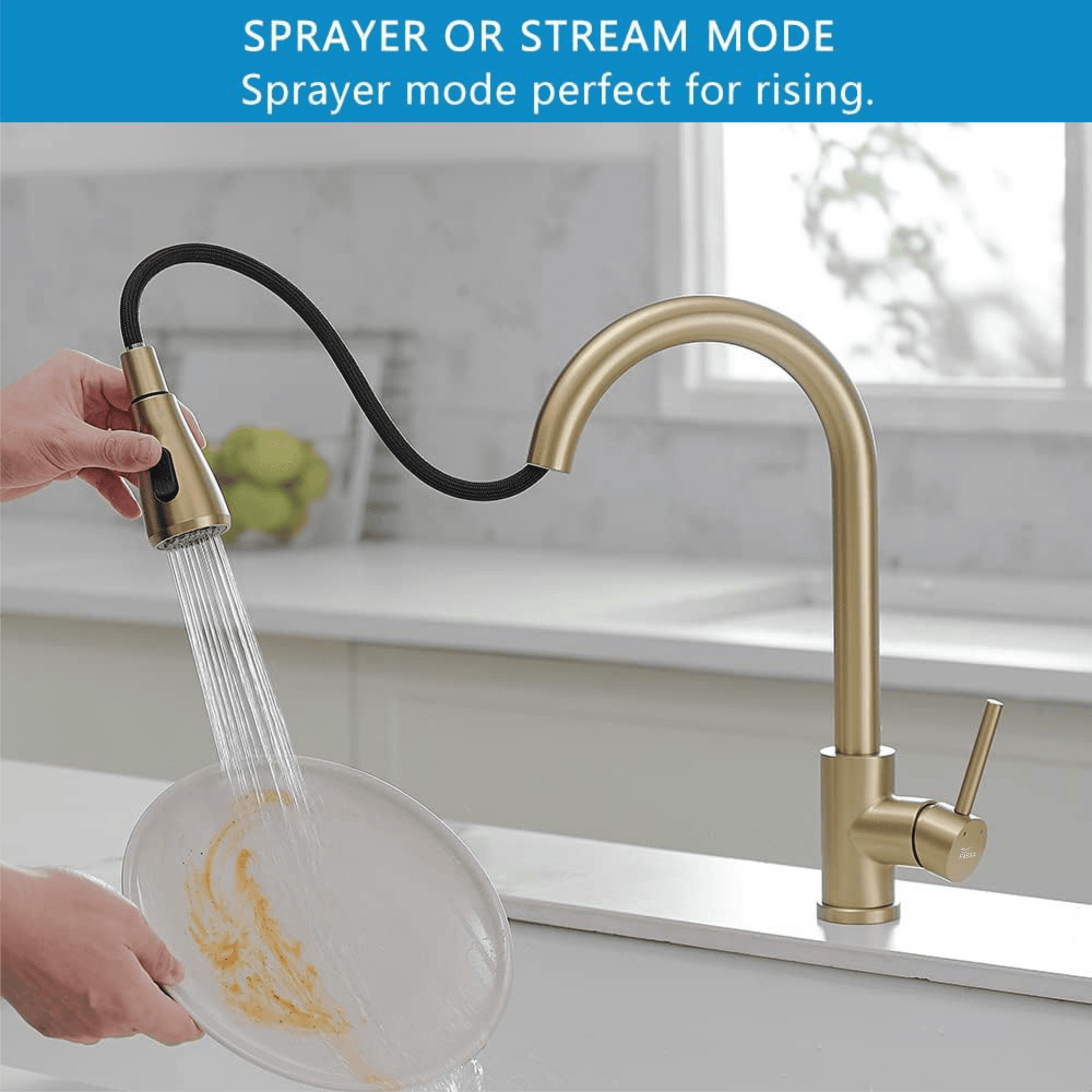 Fossa Kitchen Sink Mixer Tap with Pull Down Sprayer, Single Handle High Pull Out Kitchen Taps, Single Level Stainless Steel (Gold) - Fossa Home 