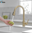 Fossa Kitchen Sink Mixer Tap with Pull Down Sprayer, Single Handle High Pull Out Kitchen Taps, Single Level Stainless Steel (Gold) - Fossa Home 