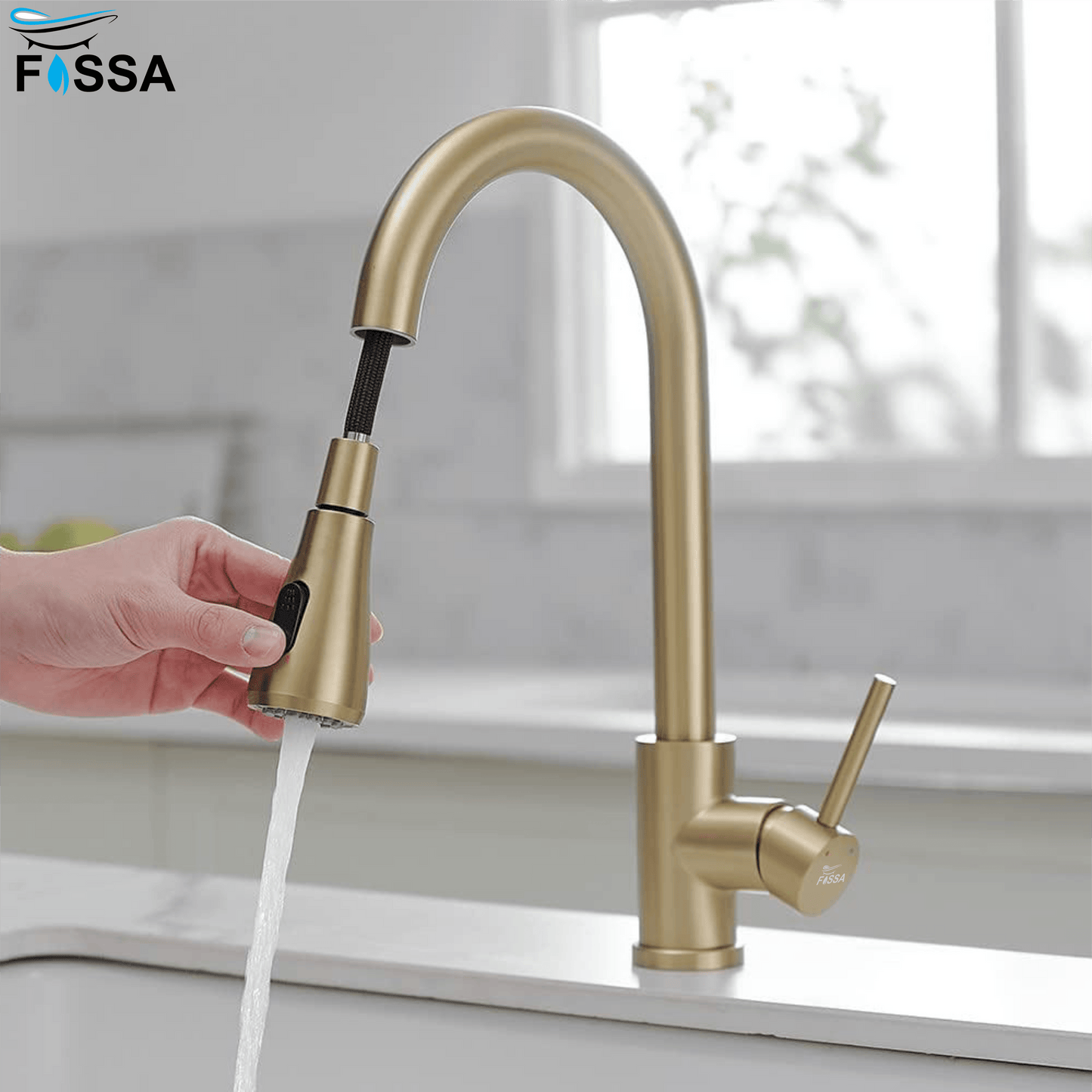 Fossa Kitchen Sink Mixer Tap with Pull Down Sprayer, Single Handle High Pull Out Kitchen Taps, Single Level Stainless Steel (Gold) - Fossa Home 