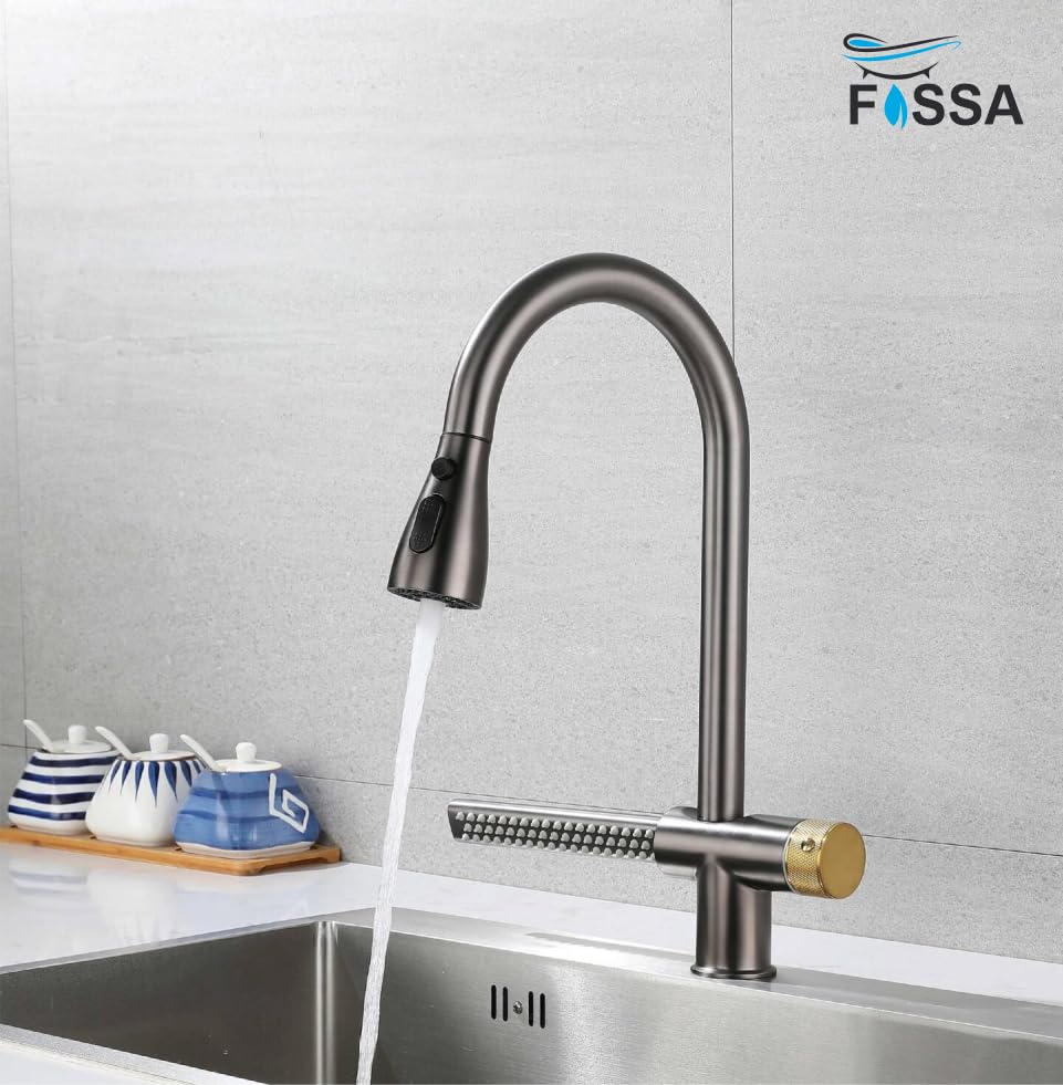 Fossa Kitchen faucets with Pull Down Sprayer with Waterfall Shower Stainless Steel Single Hole Hot and Cold Water Swivel Pull Down Kitchen Faucet-Grey Black (Grey Black) Fossa Home