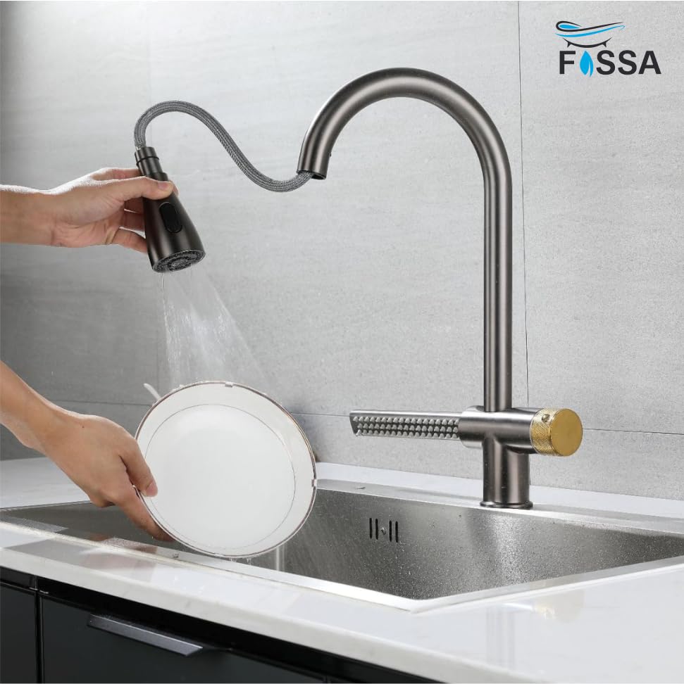 Fossa Kitchen faucets with Pull Down Sprayer with Waterfall Shower Stainless Steel Single Hole Hot and Cold Water Swivel Pull Down Kitchen Faucet-Grey Black (Grey Black) Fossa Home